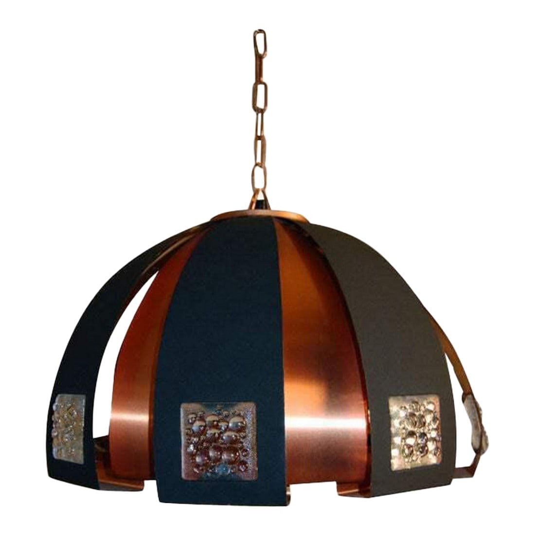 Werner Schou Mid-Century Modern "Moonscape" Dome Coronell Pendant Ceiling Fixture: Fantastic Mid-Century Danish Modern dome pendant created by alternating strips of copper and black coated metal accented with opalescent bubble-style medallions that mimic the surface of the moon.