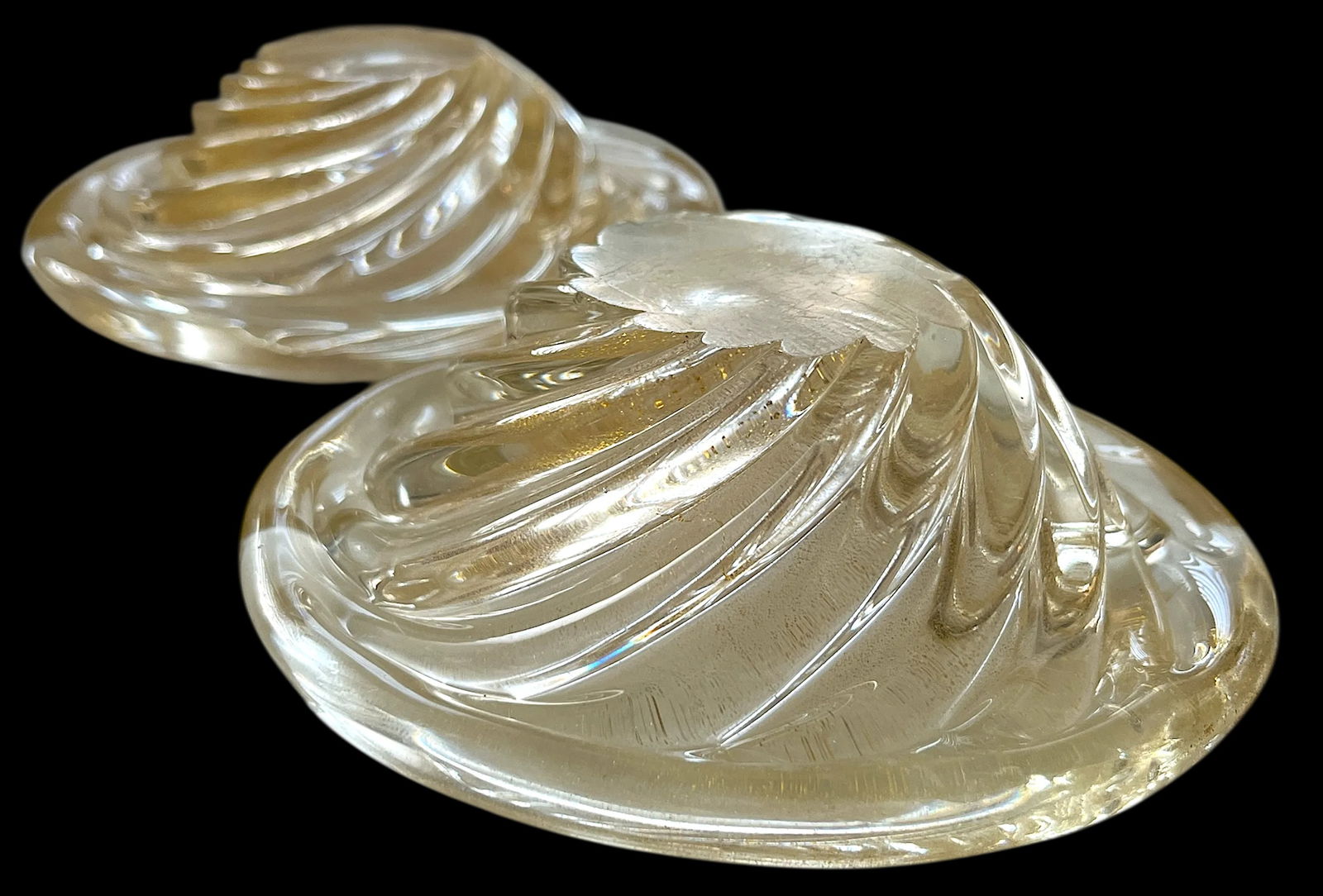 Pair of 1960s Murano Glass Swirl Ashtrays / Small Dishes With Gold Aventurine After Barovier & Toso - 3