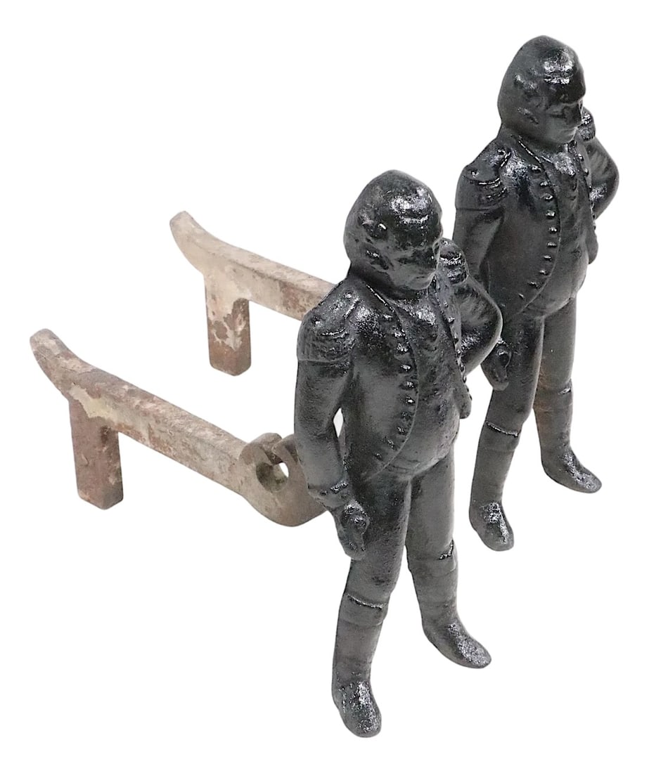 Pair of 19th Century Cast Iron Andirons Depicting George Washington: Pair of vintage cast iron andirons, depicting George Washington. The andirons are in very good, clean and ready ton use condition, freenof damage or repairs, they have been newly repainted black,