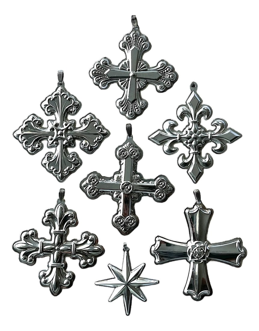 Set of 7 Reed & Barton Sterling Silver Christmas Ornaments – Cross & Star Series (1970s–: Add timeless elegance to your holiday décor with this set of seven Reed & Barton sterling silver Christmas ornaments, spanning from the 1970s through the 2000s. Each ornament in this collection