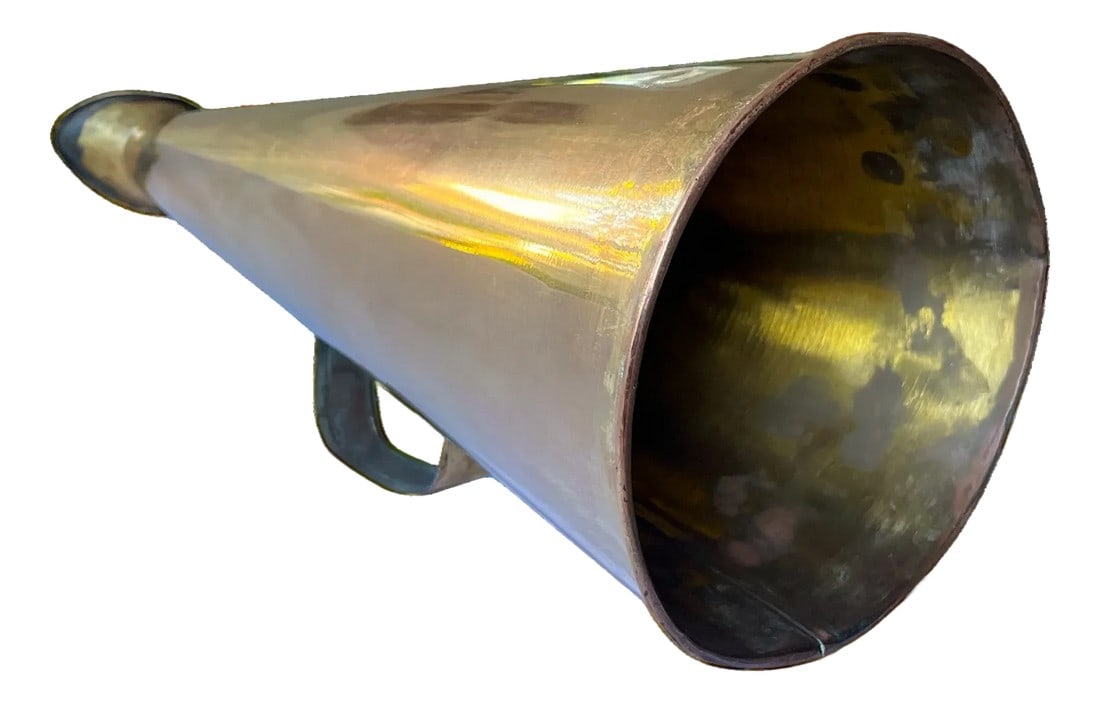 Antique Early 20th Century Brass Nautical Megaphone: Bring the commanding presence of the sea into your collection with this striking early 20th-century brass nautical megaphone. Hand-crafted from solid brass with a riveted seam and fitted with an iron