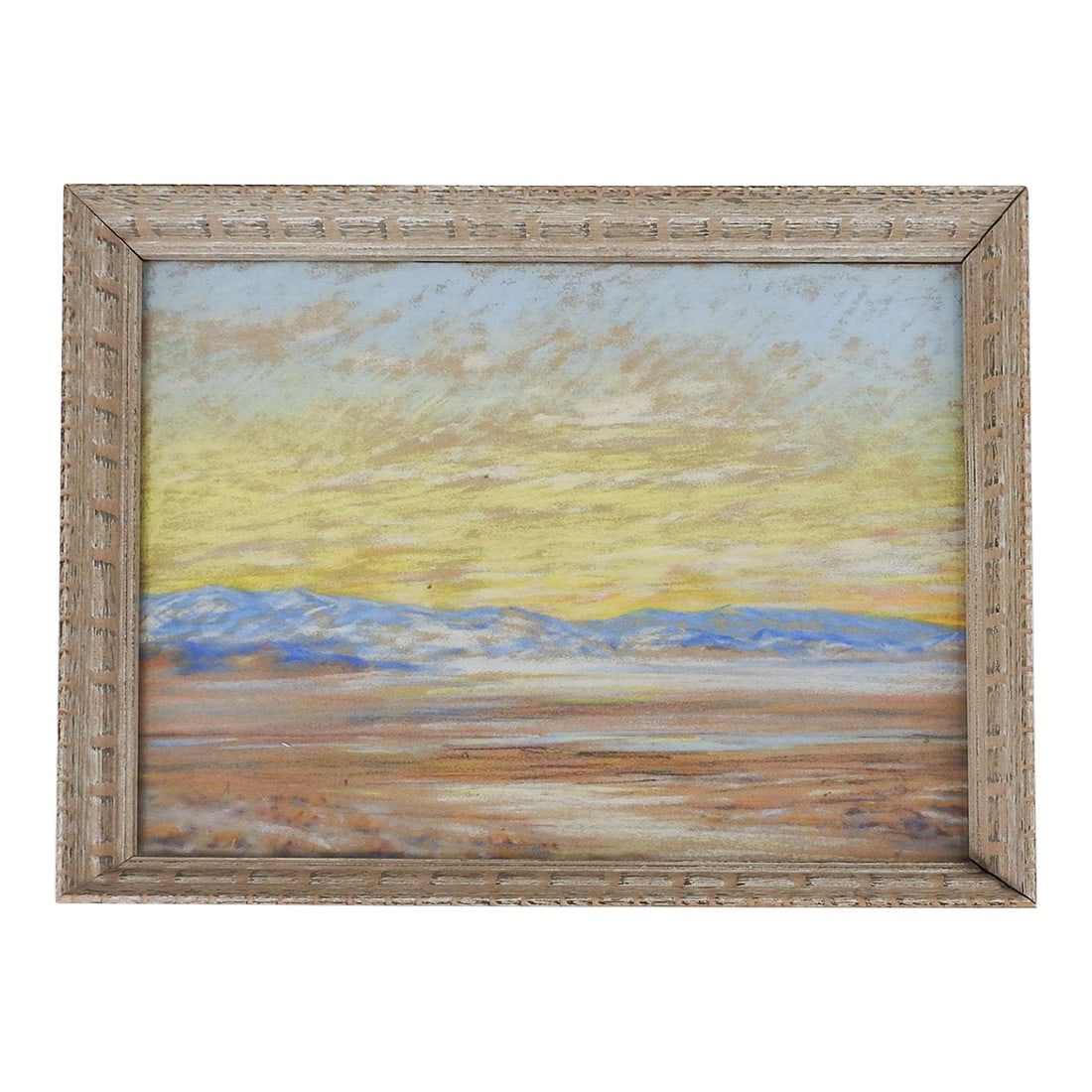 Vintage Impressionist Mountain Desert Yellow Sunset Pastel Painting: Vintage mid 20th century impressionist pastel on paper painting of mountain desert with yellow sunset. Unsigned. Displayed in gray painted wood frame under glass, scuffing to frame. Condition: