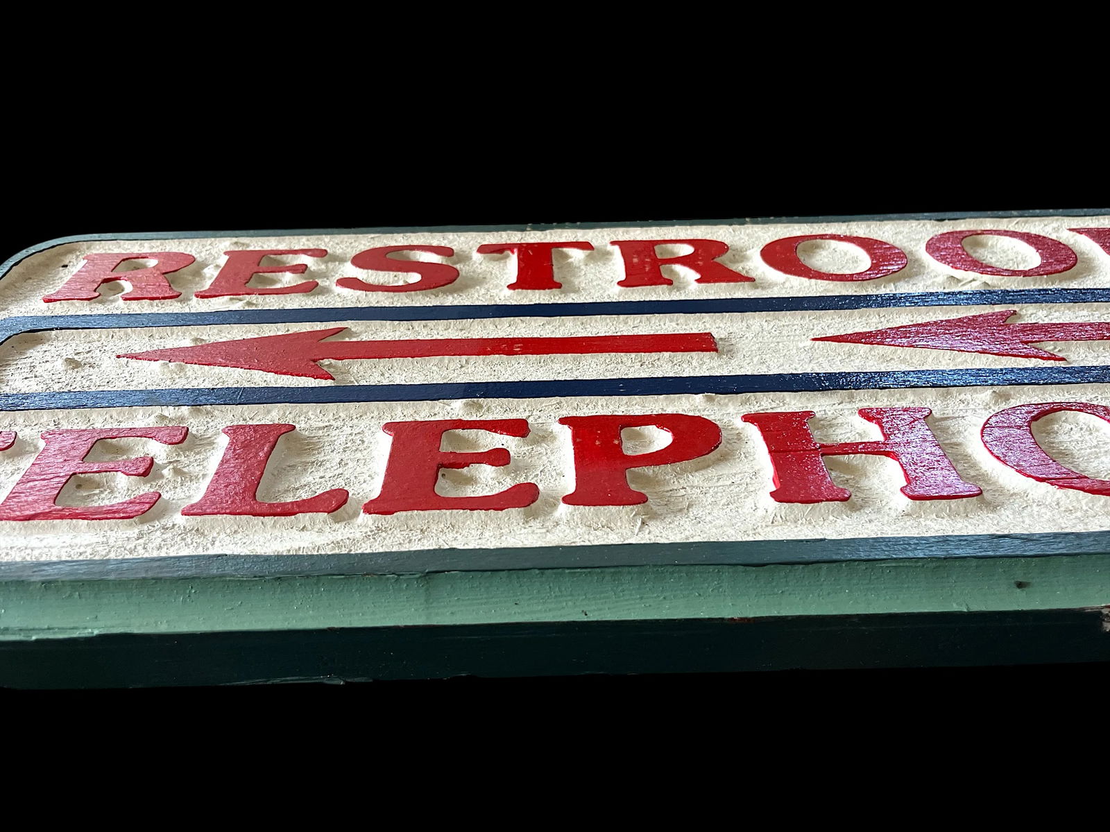 Vintage Hand-Carved Painted Wooden Directional Sign – "Restrooms / Telephones" - 2