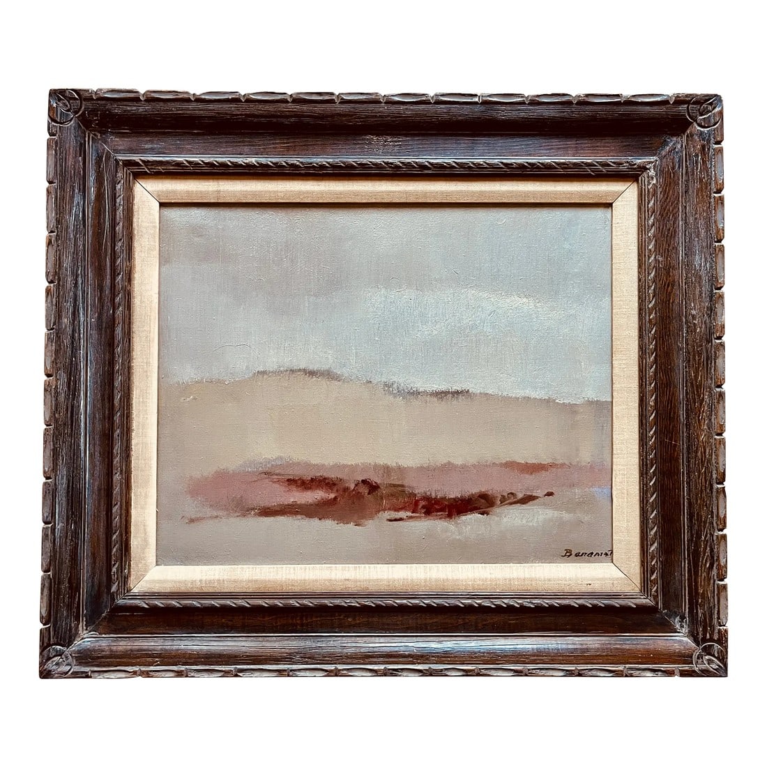 1980's Oil on Canvas Framed Landscape-Signed-Baranet: This fabulous original pin on canvas Abstract landscape is signed by the artist, Robert Baranet, and framed in an appropriate period carved wood frame. Robert Baranet, (1925-2001), was born in