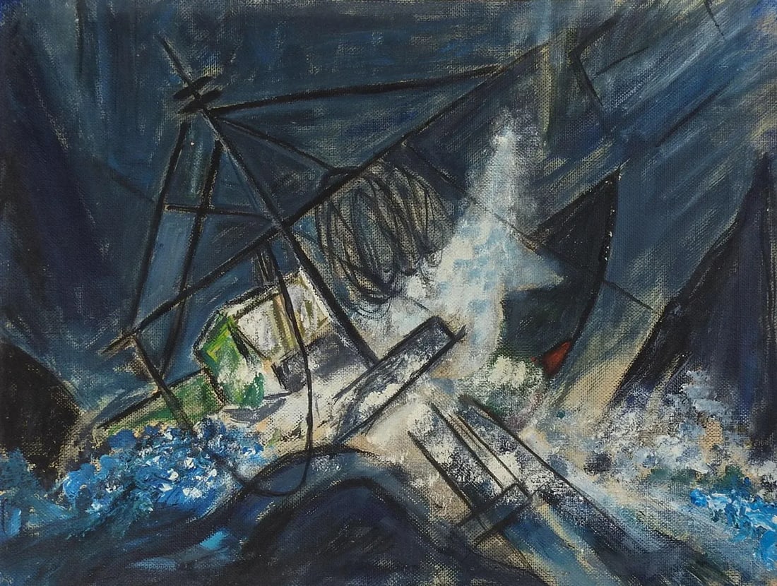 Mid-Century Abstract Ship in Storm Seascape Painting - 5