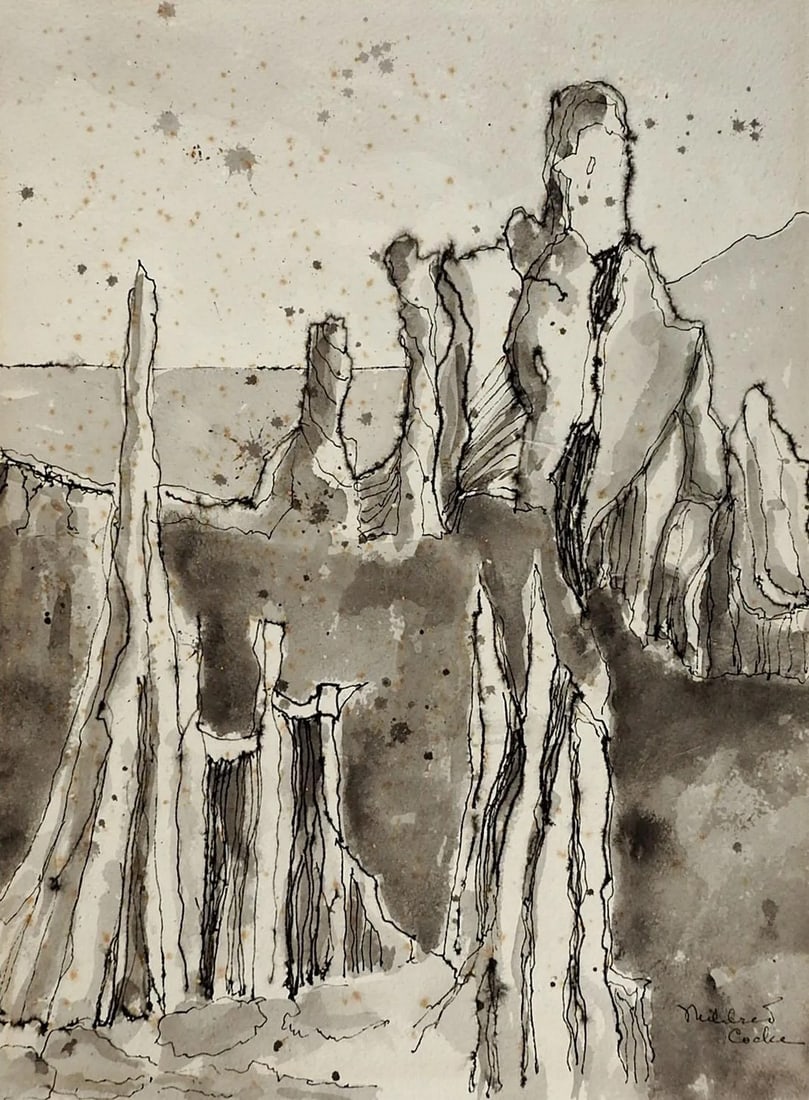 Mid-Century Modernist Mildred Cocke Colorado Landscape Painting: Mid century vintage ink and watercolor on paper. Modernist landscape by Mildred Cocke (1903-1994) Texas. Signed lower right corner, signed and titled in pencil Garden of the Gods, Colorado Springs on