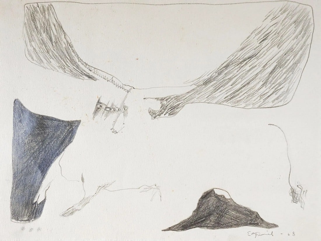 Mid-Century Expressionist Bull Drawing: 1968 pencil drawing on paper expressionist bull. Signed Esquivel 1968 lower right corner. Unframed, age toning, some foxing, tape remains on verso. Condition: Alterations: Original Condition Unaltered