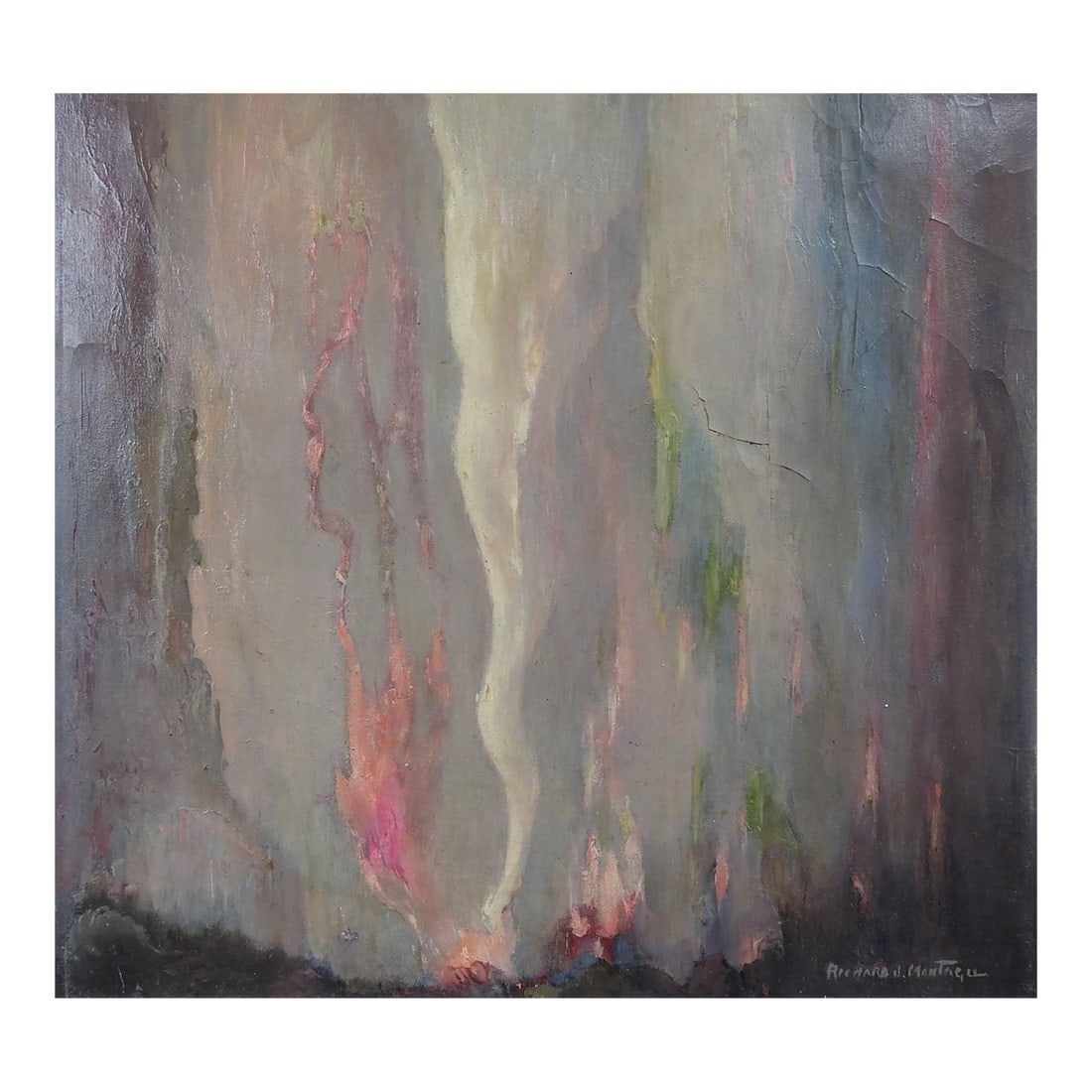 Abstract Pink & Gray Painting: Mid 20th century abstract oil on canvas board painting. Signed Richard J. Monagu lower right corner. Artist tag on verso with title Flames of Purification. Unframed, craquelure and repairs upper