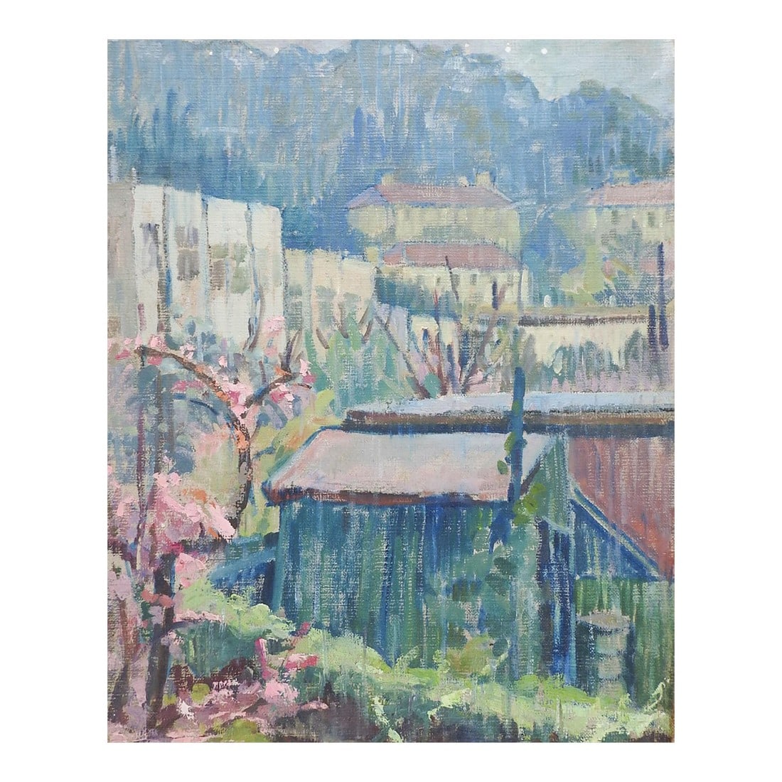 Early 20th Century Impressionist Mountain Village Painting: Early 20th century impressionist mountain village oil on canvas painting, on the back side is a still life with orange flowers painting. Unsigned. Unframed, has been removed from stretchers, so it