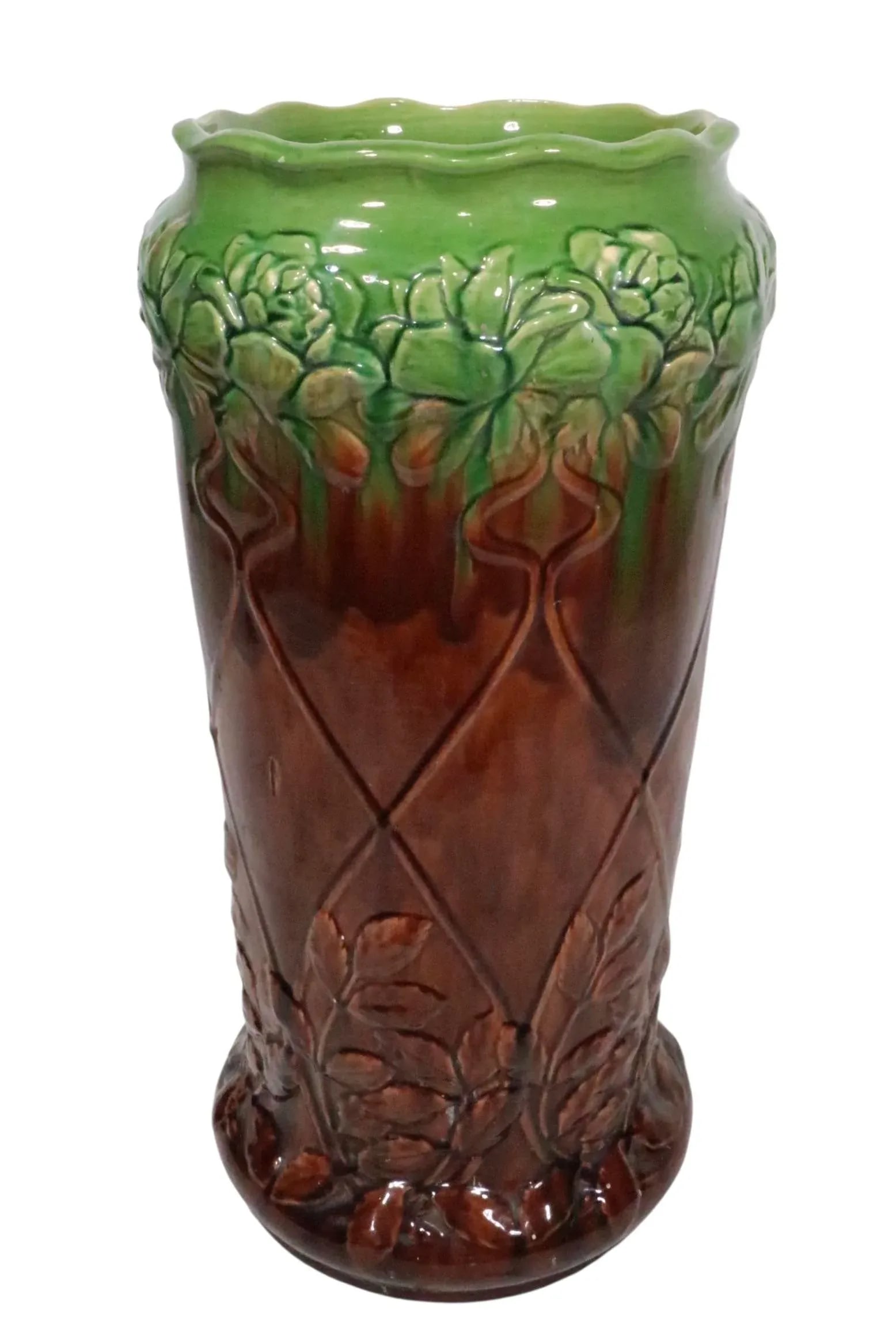 Antique Majolica Umbrella Cane Stand Att. To Roseville Pottery - 10