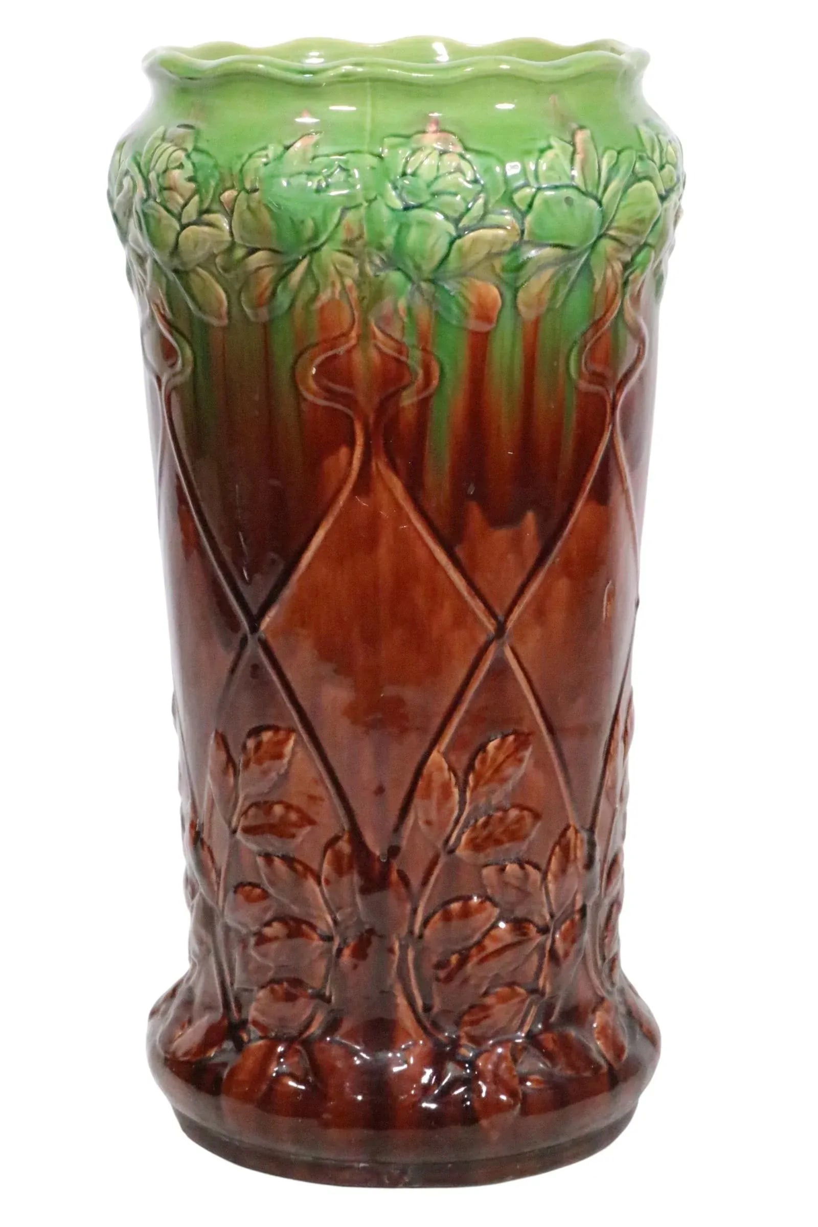 Antique Majolica Umbrella Cane Stand Att. To Roseville Pottery - 16