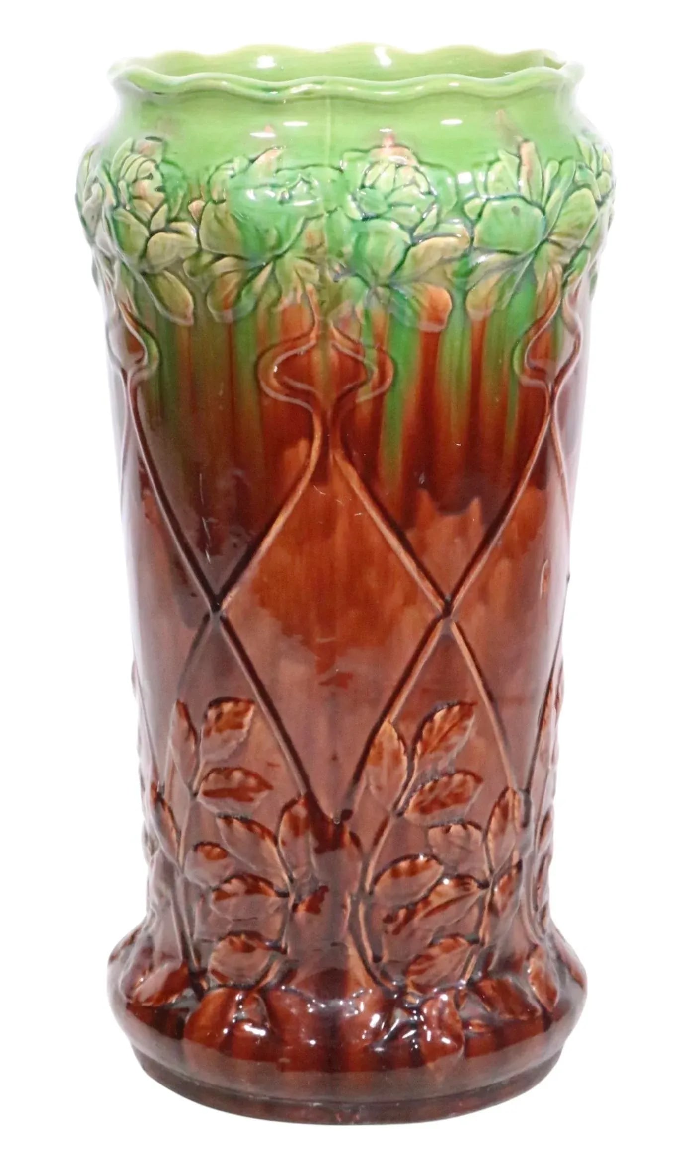 Antique Majolica Umbrella Cane Stand Att. To Roseville Pottery - 3