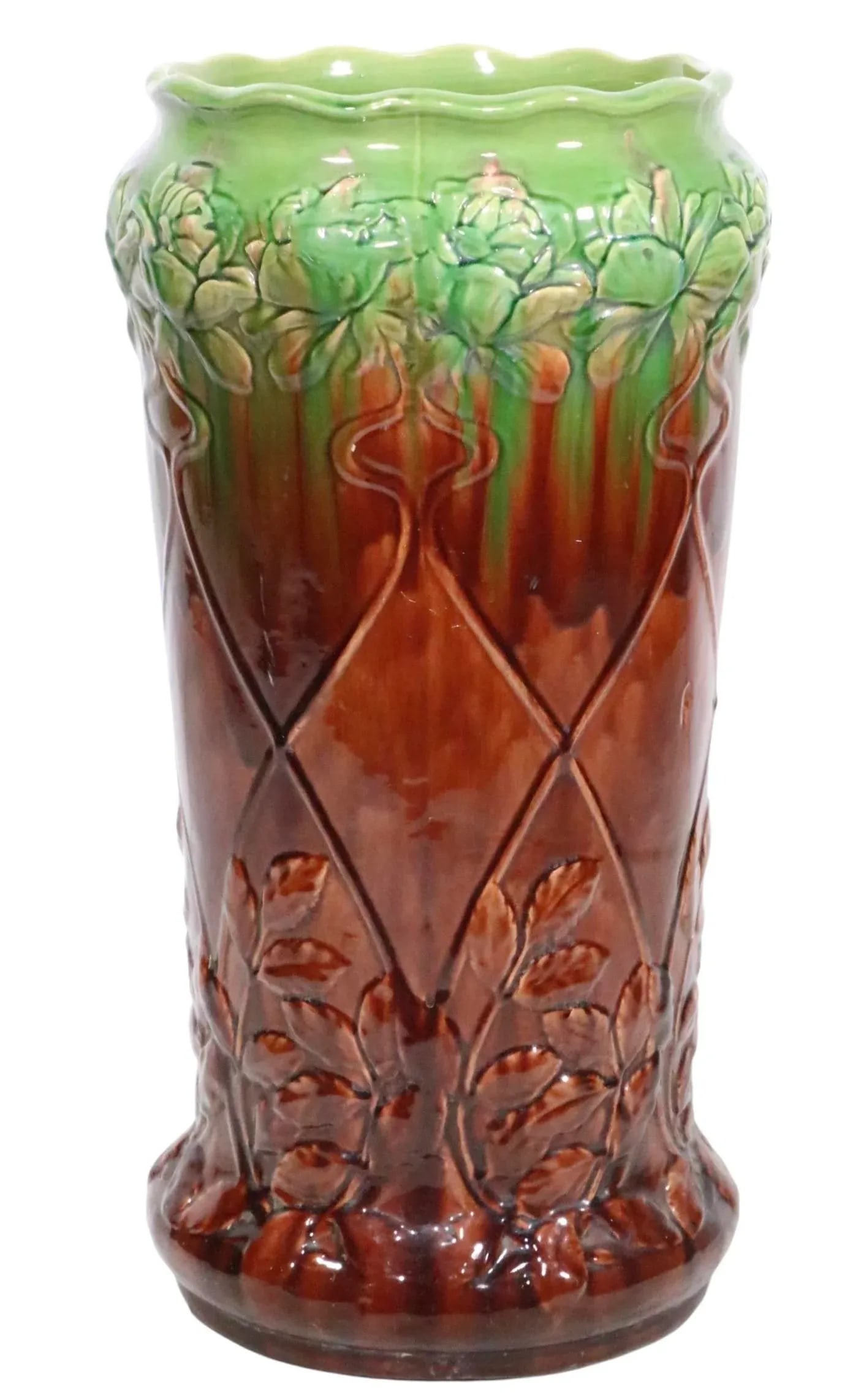 Antique Majolica Umbrella Cane Stand Att. To Roseville Pottery - 7