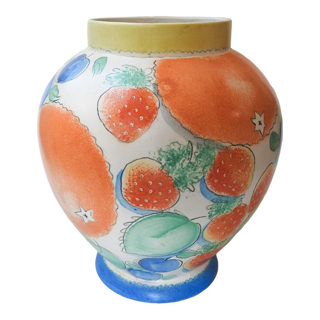 Late 20th Century Angela Atkinson Hand Painted Fruit Vase: Late 20th Century Angela Atkinson hand painted for Gumps fruit vase with oranges, plums and strawberries. Signed on bottom, opening size 4.25" dia. Condition: Alterations: Original Condition