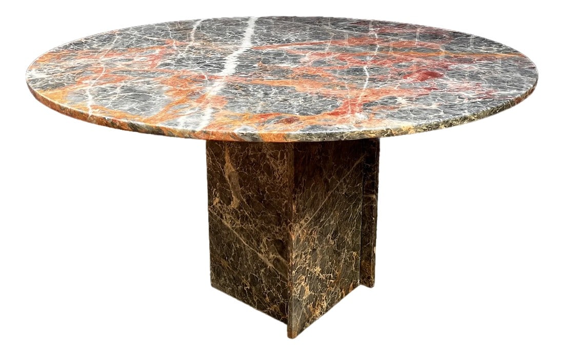 1970s Italian Breccia Pernice Marble Round Dining Table After Maurice Villency – 48": Make a bold design statement with this vintage Italian round dining table, crafted from stunning Breccia Pernice marble. With its dramatic palette of deep charcoal gray, fiery red, orange-pink, and wh