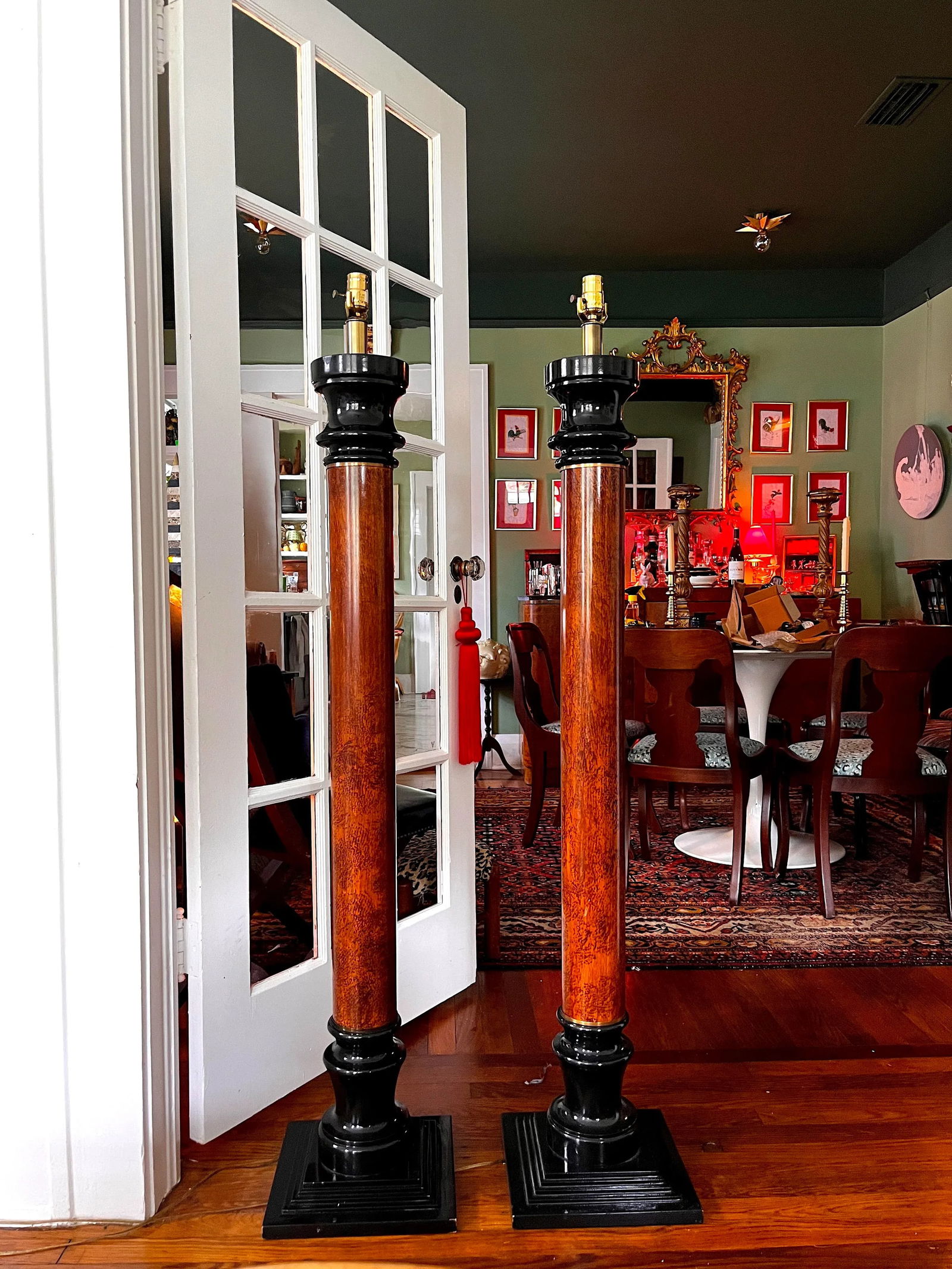 1990s Monumental Neoclassical Style Column Floor Lamps – Wood With Black Lacquered Base and - 2