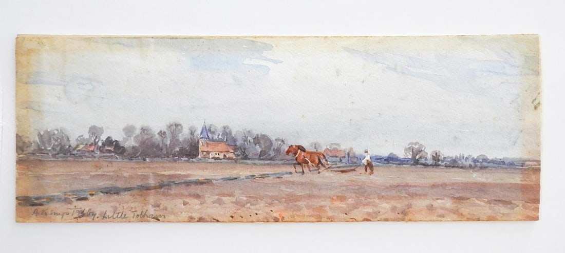 Small Early 20th Century English Pastoral Landscape With Horses Watercolor Painting - 6