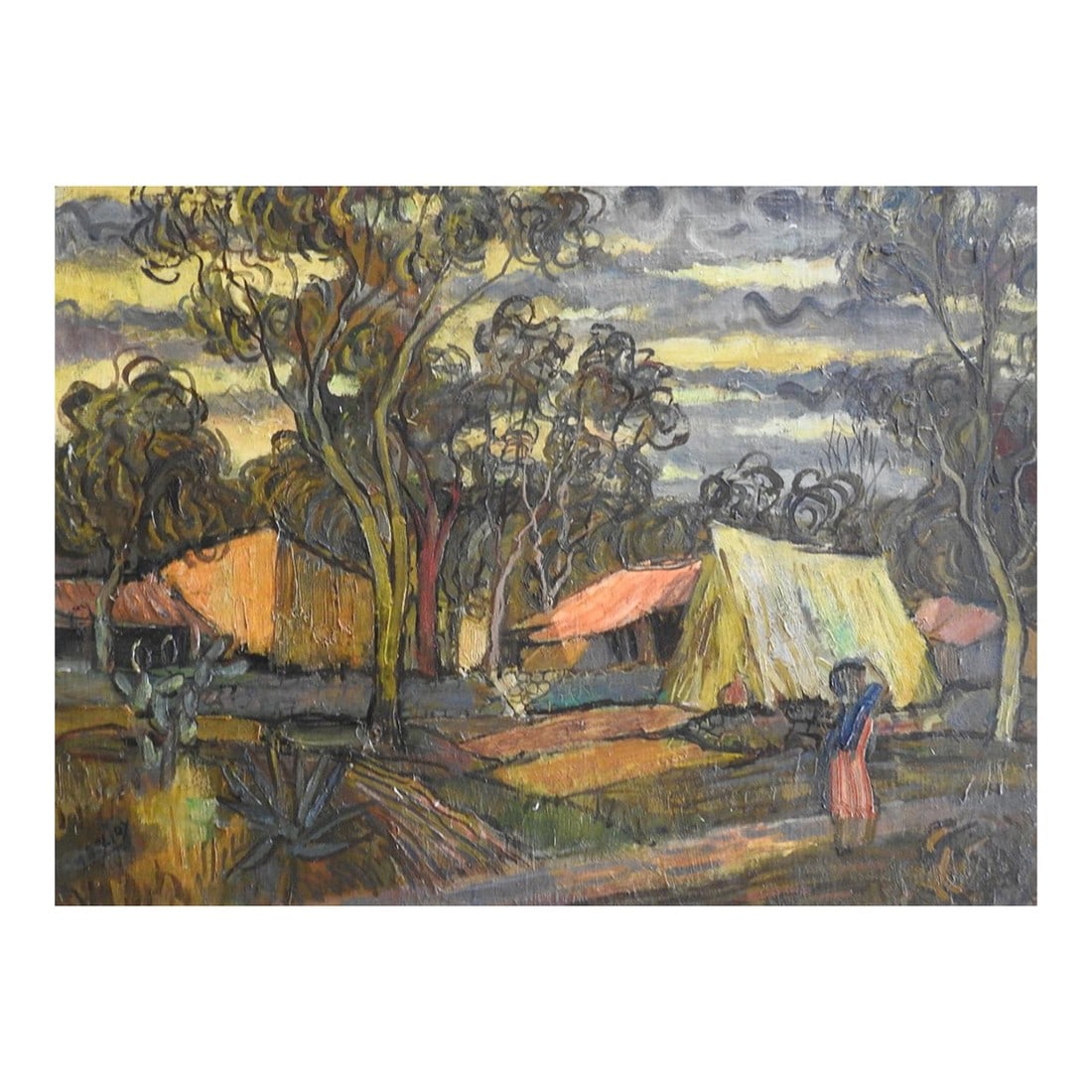 Mid 20th Century Impressionist Forest Village Painting: Mid 20th century oil on masonite impressionist painting of rustic village in forest. Illegibly signed lowerleft. Unframed, edge wear. Condition: Alterations: Original Condition Unaltered
