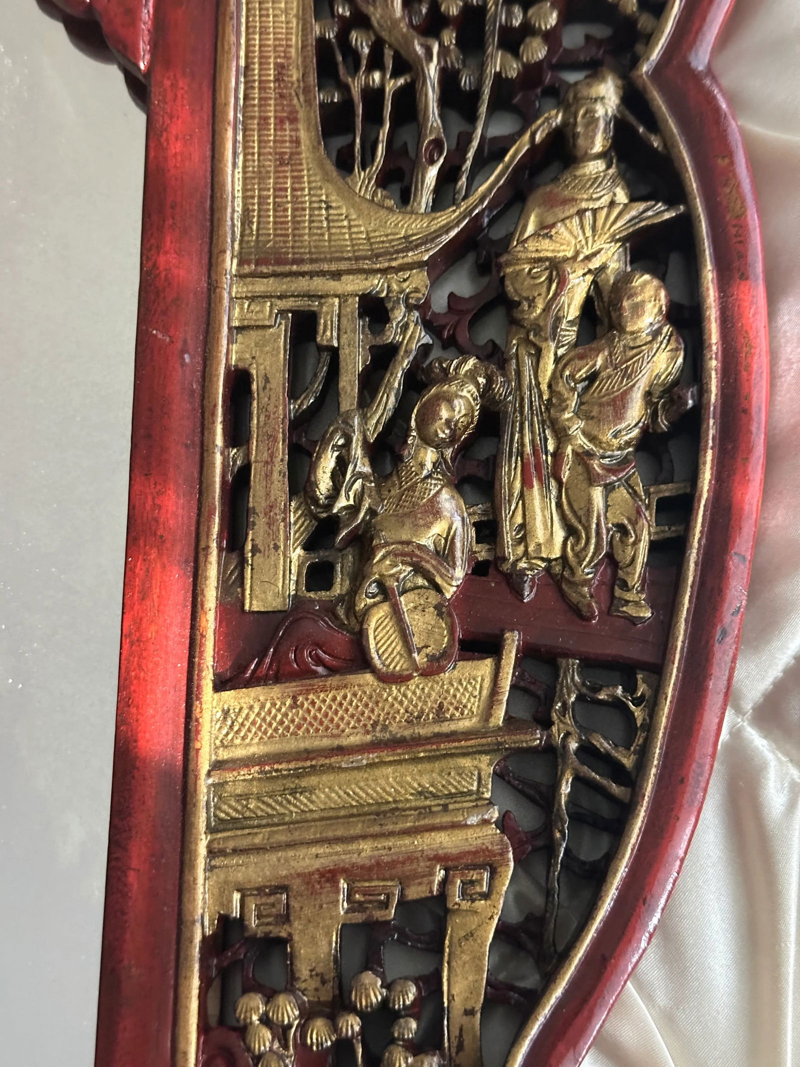 Antique Chinese Elmwood Mirror With Red Lacquer and Gilded Carved Detail - 10