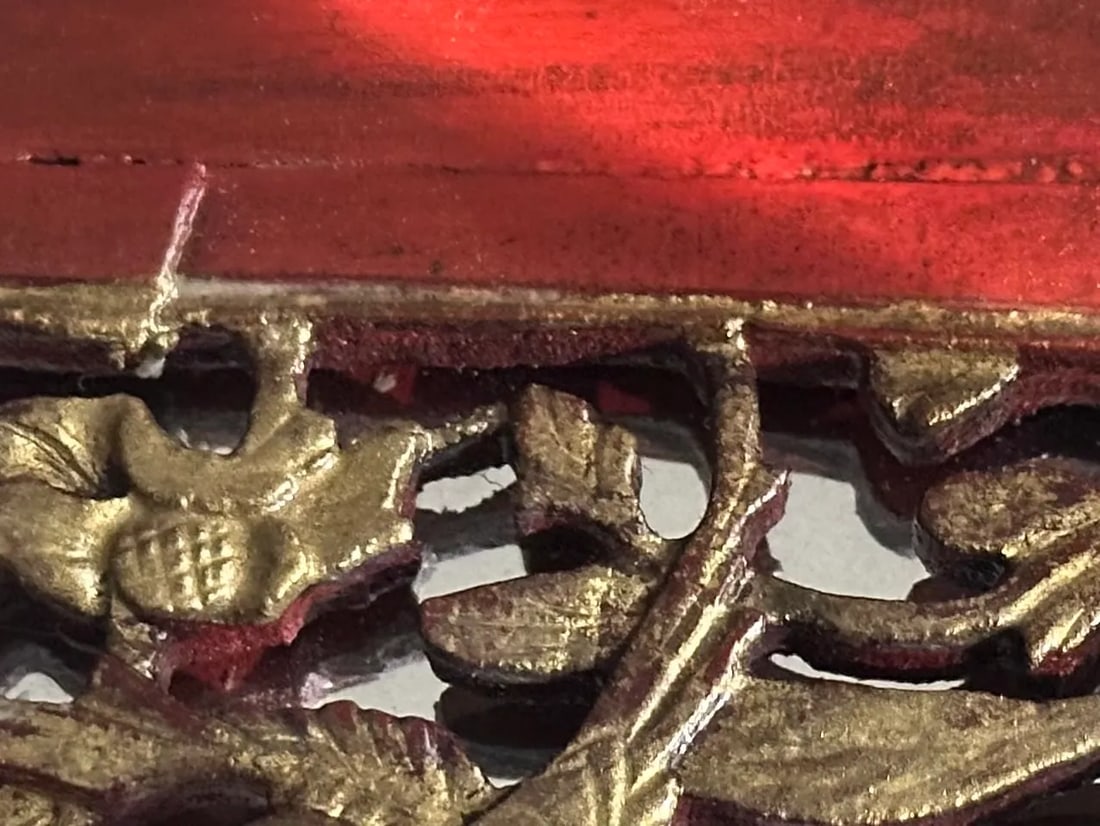 Antique Chinese Elmwood Mirror With Red Lacquer and Gilded Carved Detail - 11