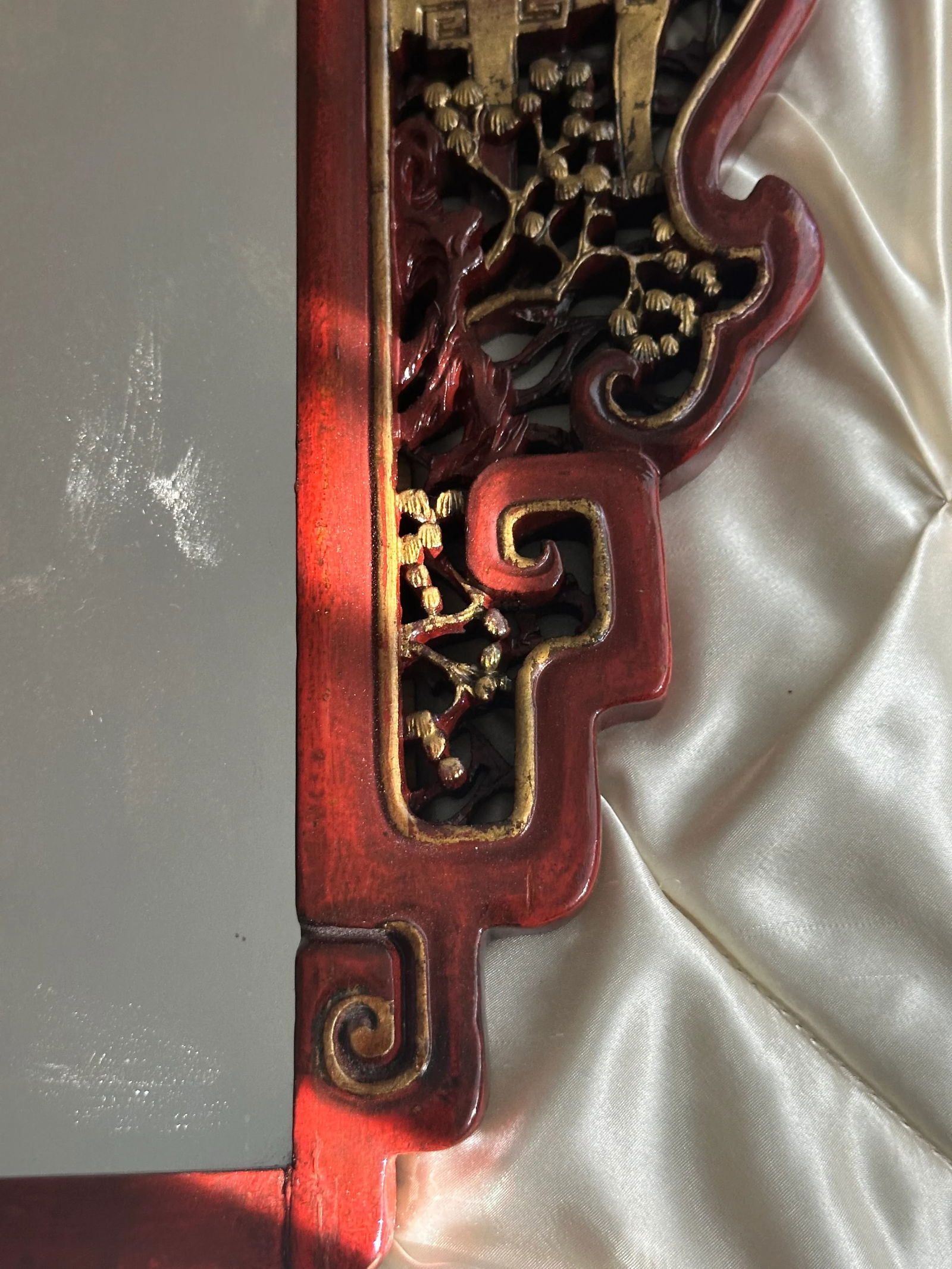 Antique Chinese Elmwood Mirror With Red Lacquer and Gilded Carved Detail - 12