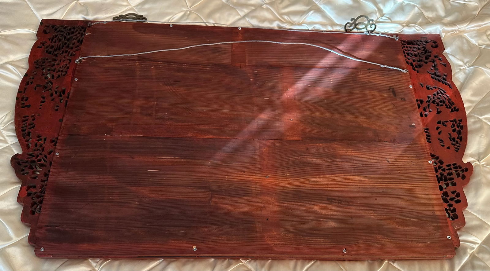 Antique Chinese Elmwood Mirror With Red Lacquer and Gilded Carved Detail - 13