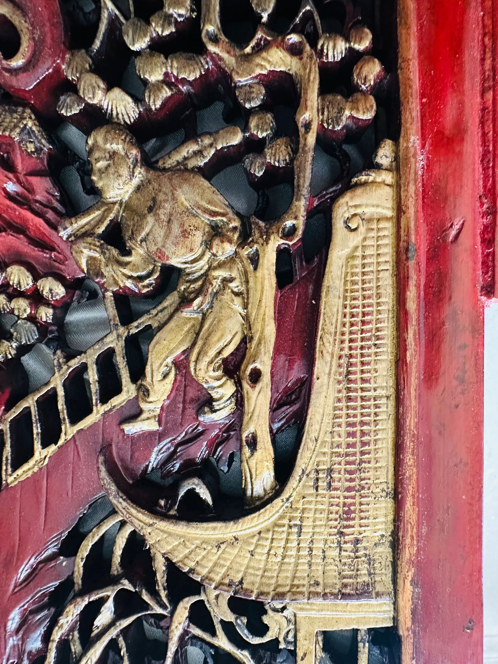 Antique Chinese Elmwood Mirror With Red Lacquer and Gilded Carved Detail - 16