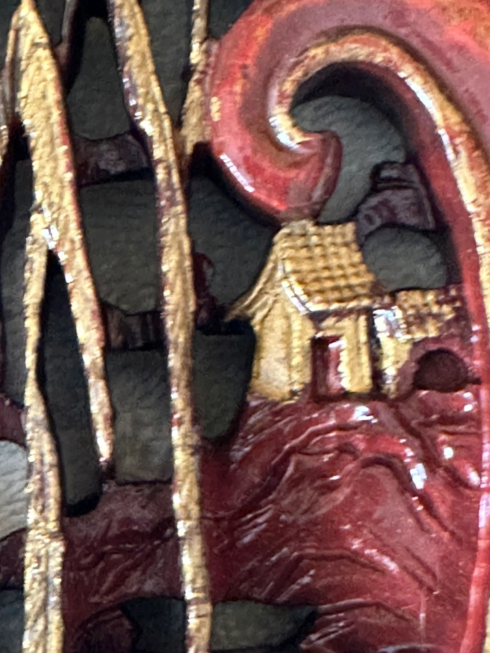 Antique Chinese Elmwood Mirror With Red Lacquer and Gilded Carved Detail - 17