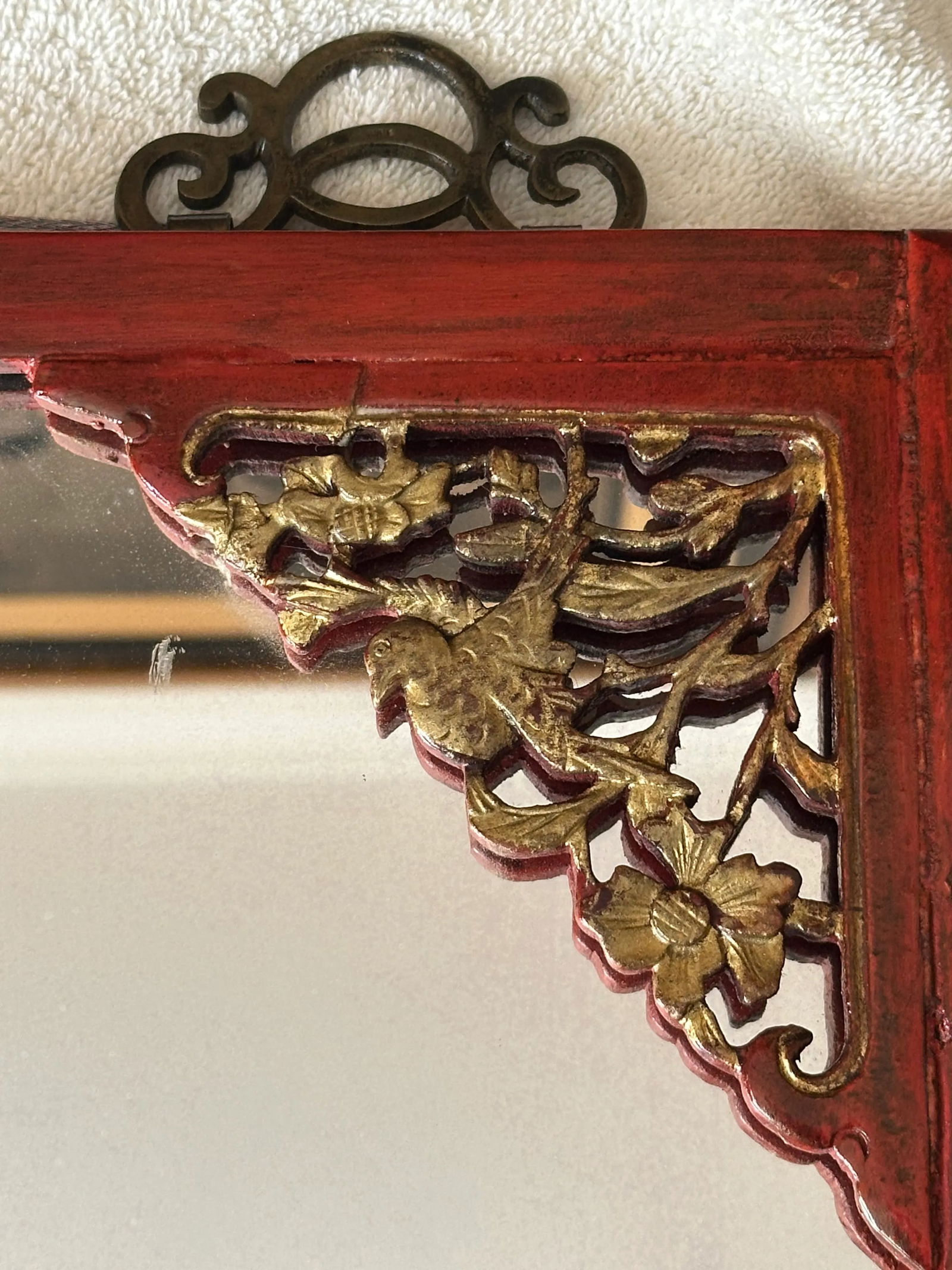 Antique Chinese Elmwood Mirror With Red Lacquer and Gilded Carved Detail - 18