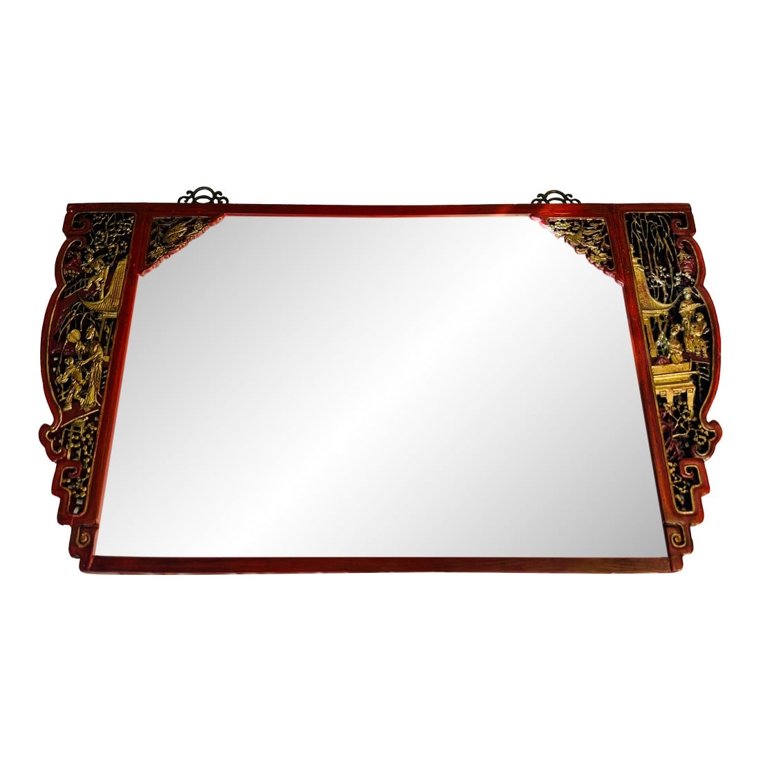 Antique Chinese Elmwood Mirror With Red Lacquer and Gilded Carved Detail (1 of 18)