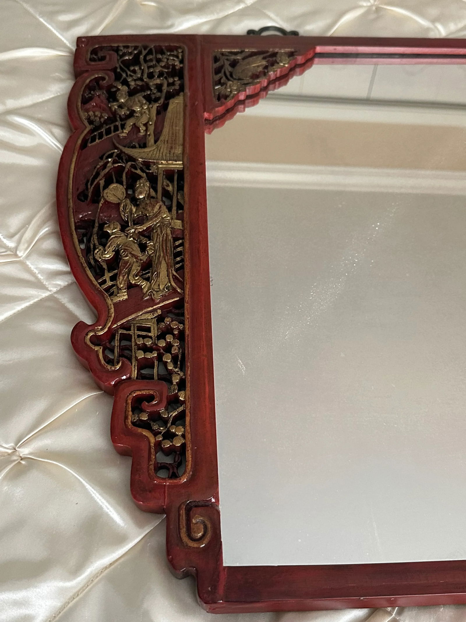 Antique Chinese Elmwood Mirror With Red Lacquer and Gilded Carved Detail - 2
