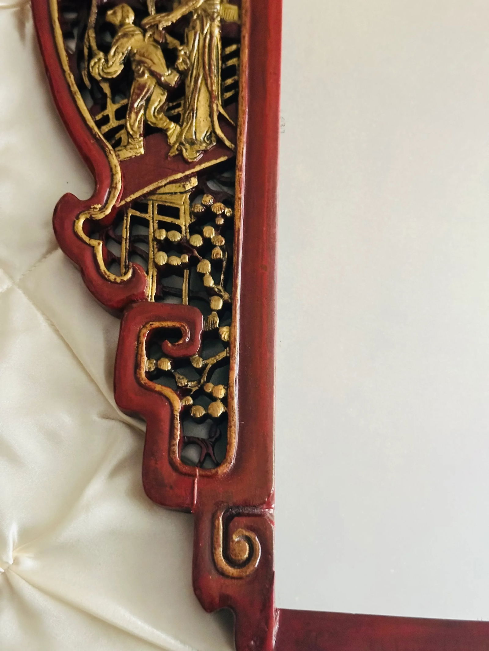 Antique Chinese Elmwood Mirror With Red Lacquer and Gilded Carved Detail - 3