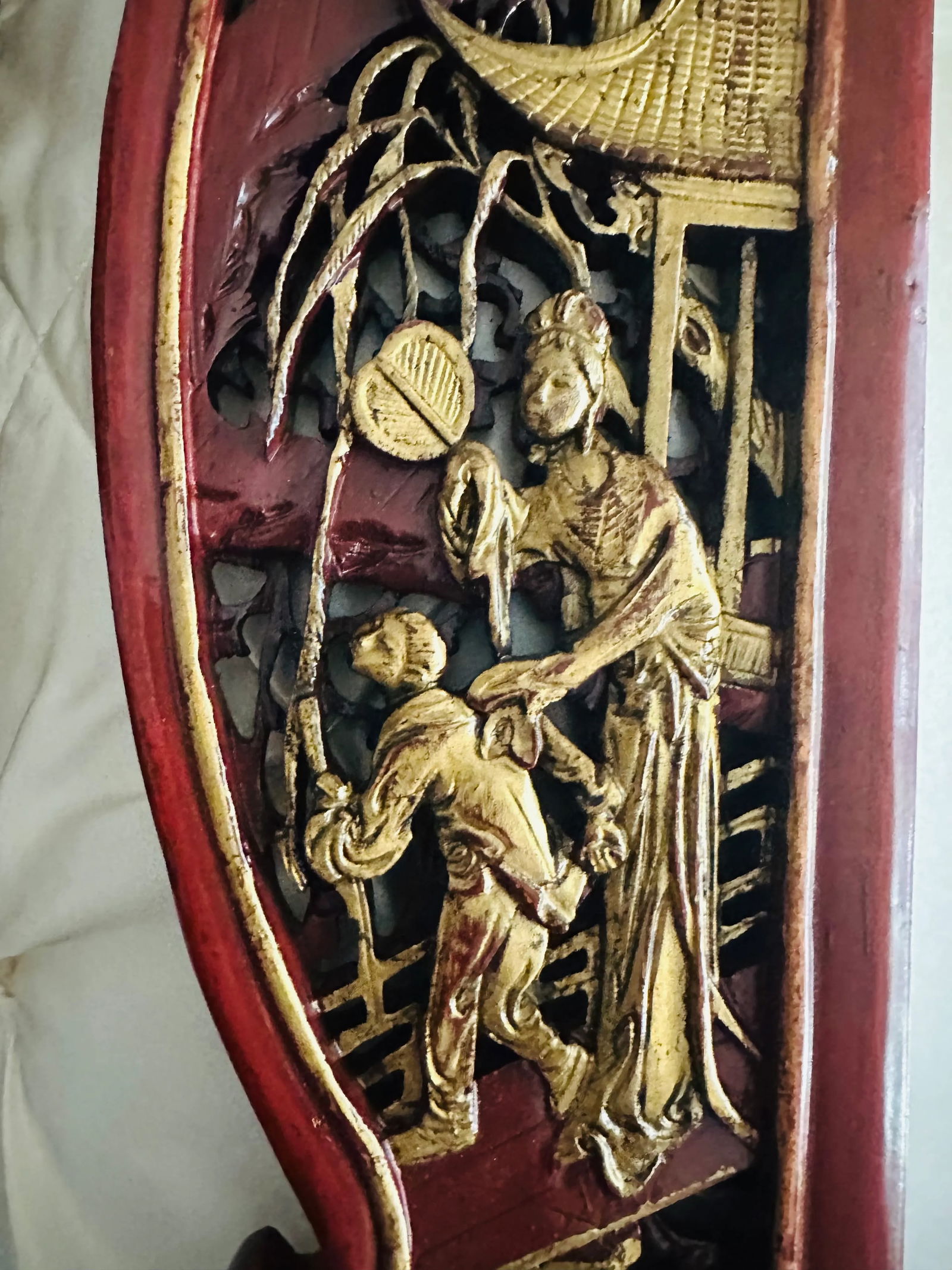 Antique Chinese Elmwood Mirror With Red Lacquer and Gilded Carved Detail - 4