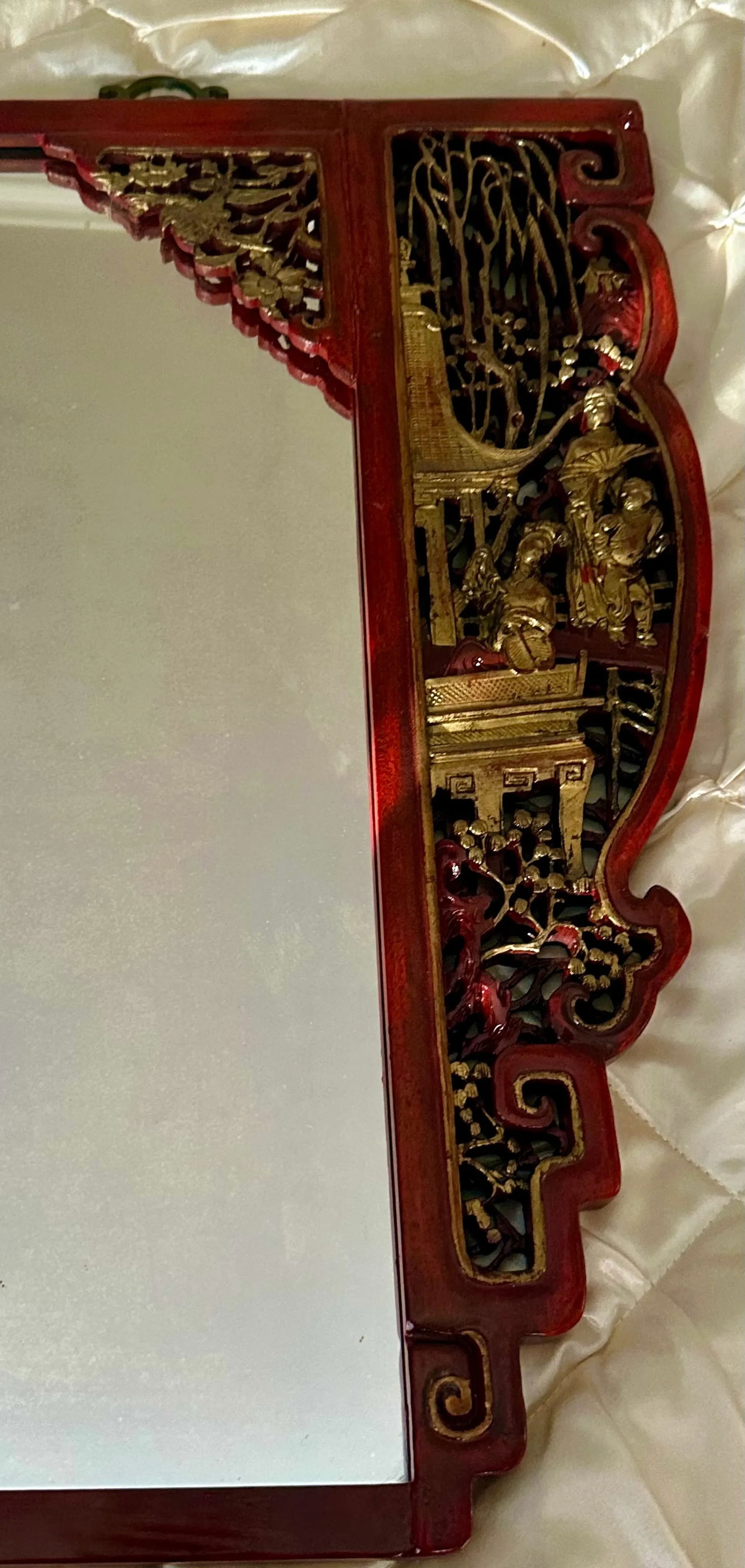 Antique Chinese Elmwood Mirror With Red Lacquer and Gilded Carved Detail - 5