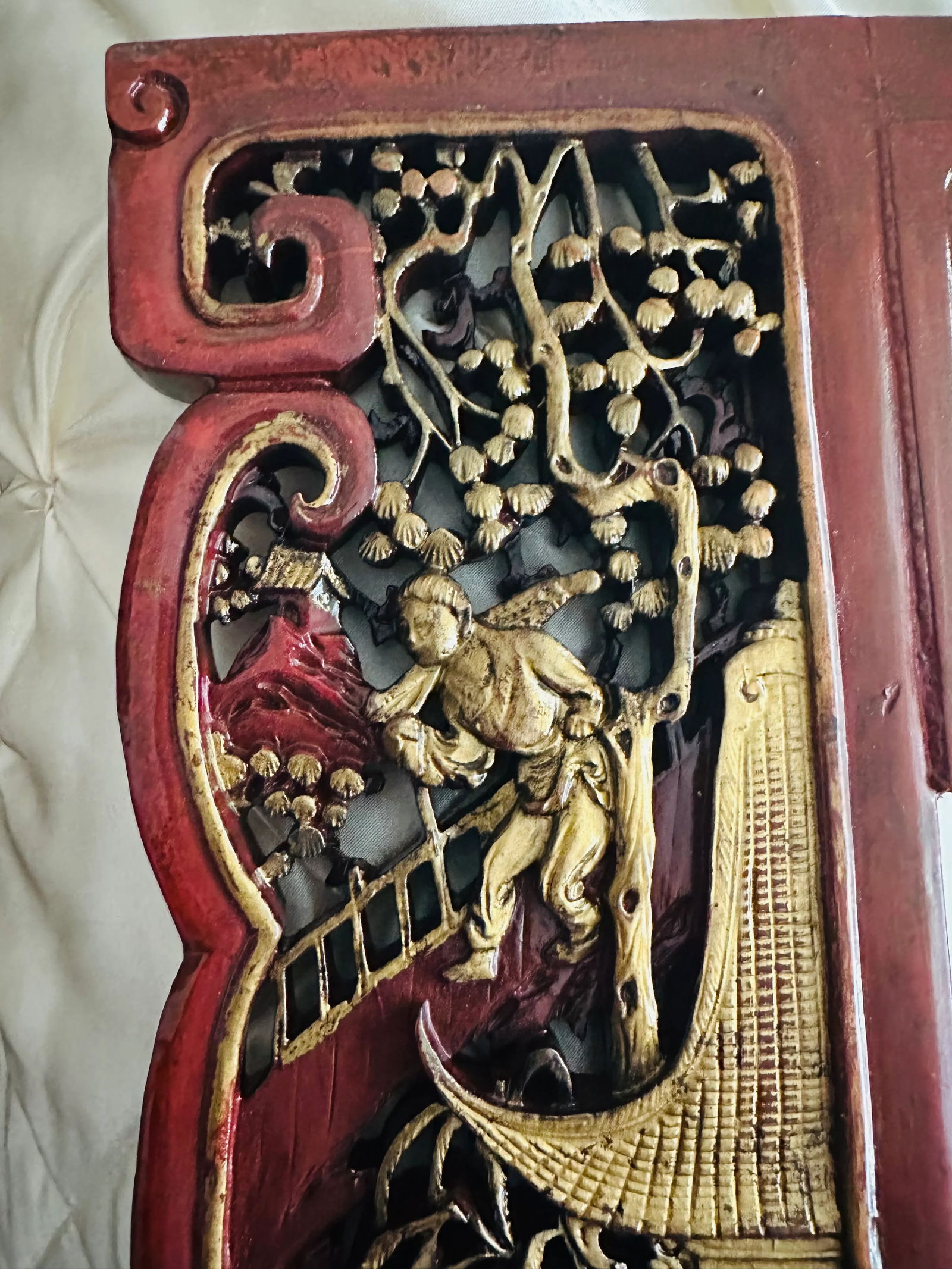 Antique Chinese Elmwood Mirror With Red Lacquer and Gilded Carved Detail - 7