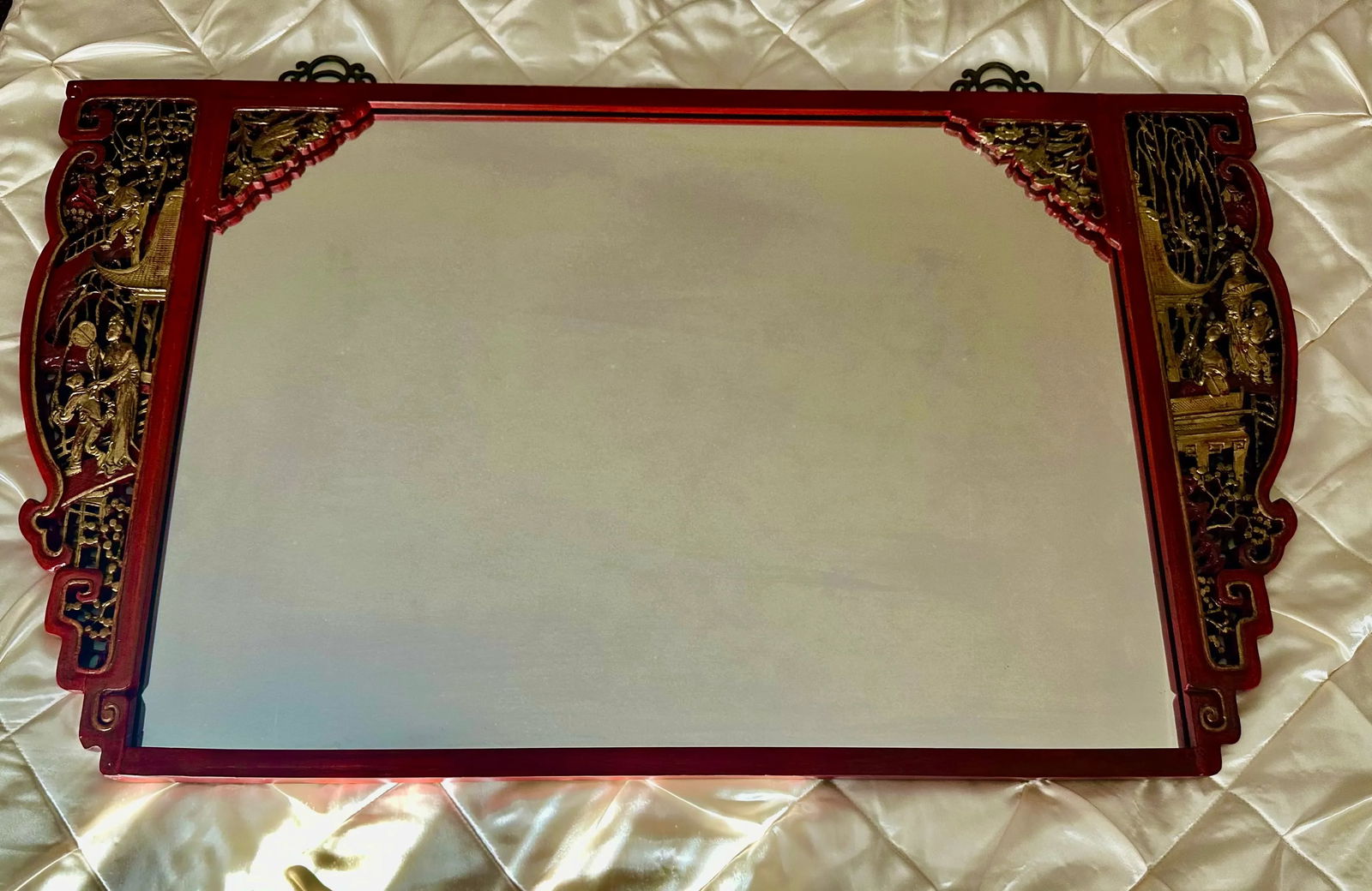 Antique Chinese Elmwood Mirror With Red Lacquer and Gilded Carved Detail - 8