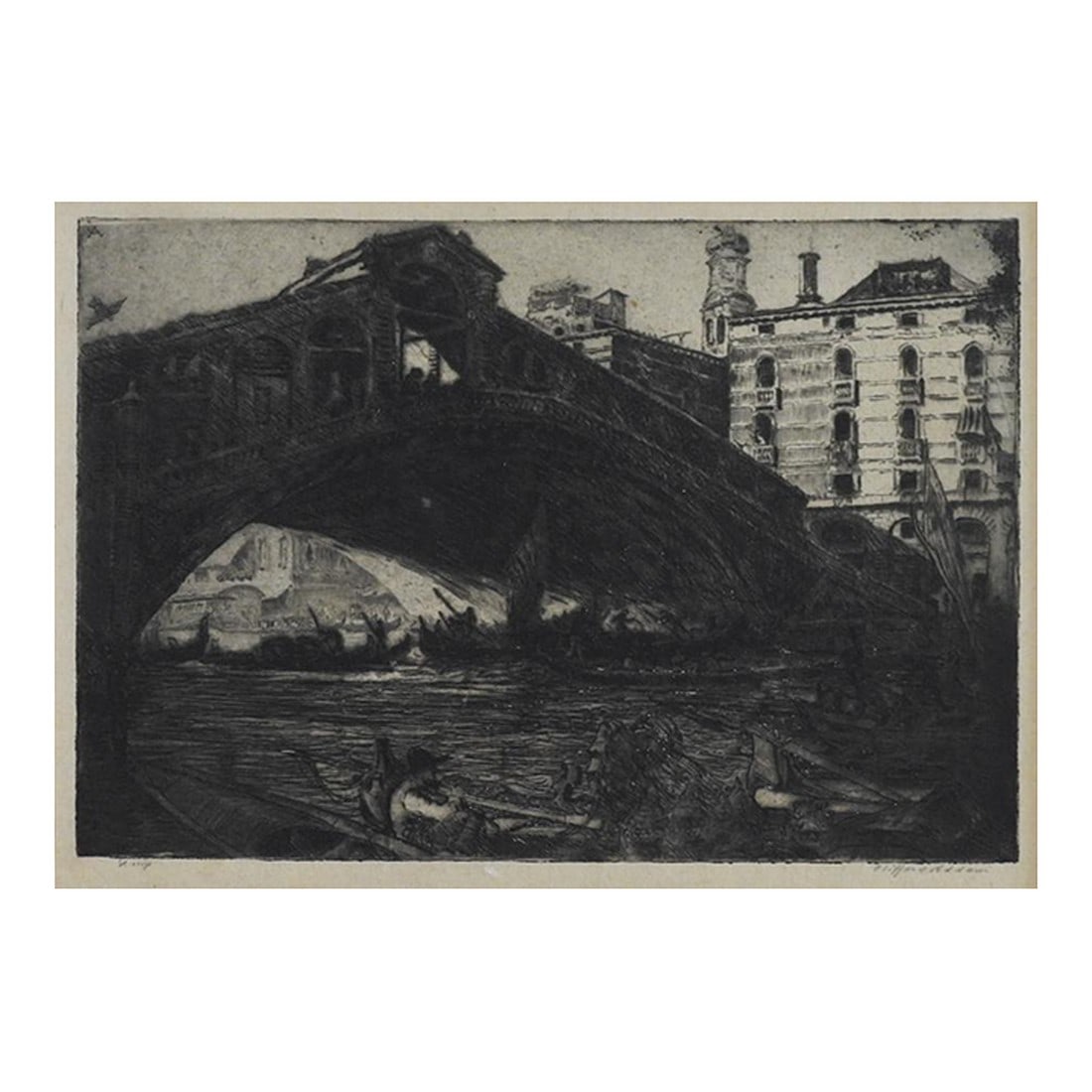 Early 20th Century Clifford Addams Guardi Rialto Bridge Venice Italy Etching: Early 20th century etching on paper of the Guardi Rialto bridge, Venice, Italy by Clifford Isaac Addams (1876-1942) New York, California, New Jersey, England. Signed in pencil lower right margin. 
