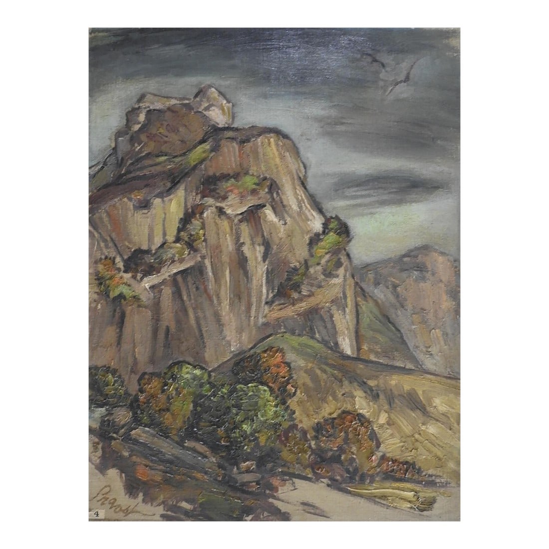 Early 20th Century Impressionist Rocky Mountain Landscape Painting: Early 20th century impressionist oil on canvas painting of rocky landscape in muted colors. Signed Provost lower left corner. Unframed, small old number sticker attached lower left corner. Condition: