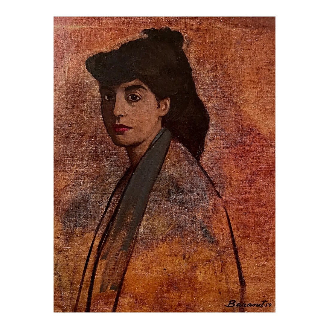 1959 Portrait of a Patrician Woman-Oil on Canvas-Signed: This beautifully painted Mid Century era portrait is strikingly dramatic and would be the centerpiece to any room. Painted by noted society portrait artist, Robert Baranet (1925-2001), in 1959, of a