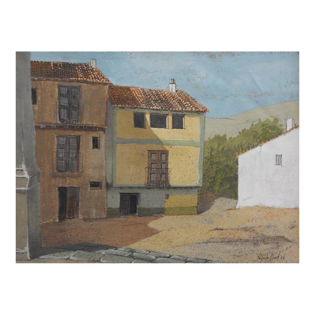 1967 Roberto Bort Spanish Village Painting: 1967 gouache on paper painting by Roberto Bort (b 1933) Spain. White and tan stucco building with red tile roofs. Signed lower right corner. Unframed. Condition: Alterations: Original Condition