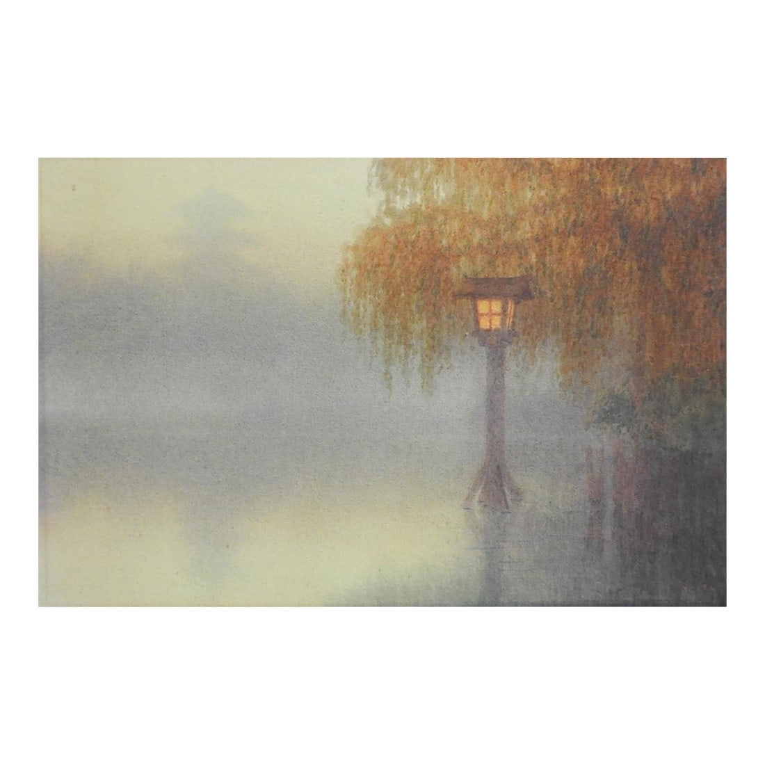 Circa 1930s Japanese Foggy Lake With Lantern Watercolor Painting: Circa 1930's watercolor on paper by Yuhan Ito (Japan). Scene of fog covered lake with lantern and willow tree. Signed lower right corner. Unframed, mounted firmly to cardboard backing. Condition: