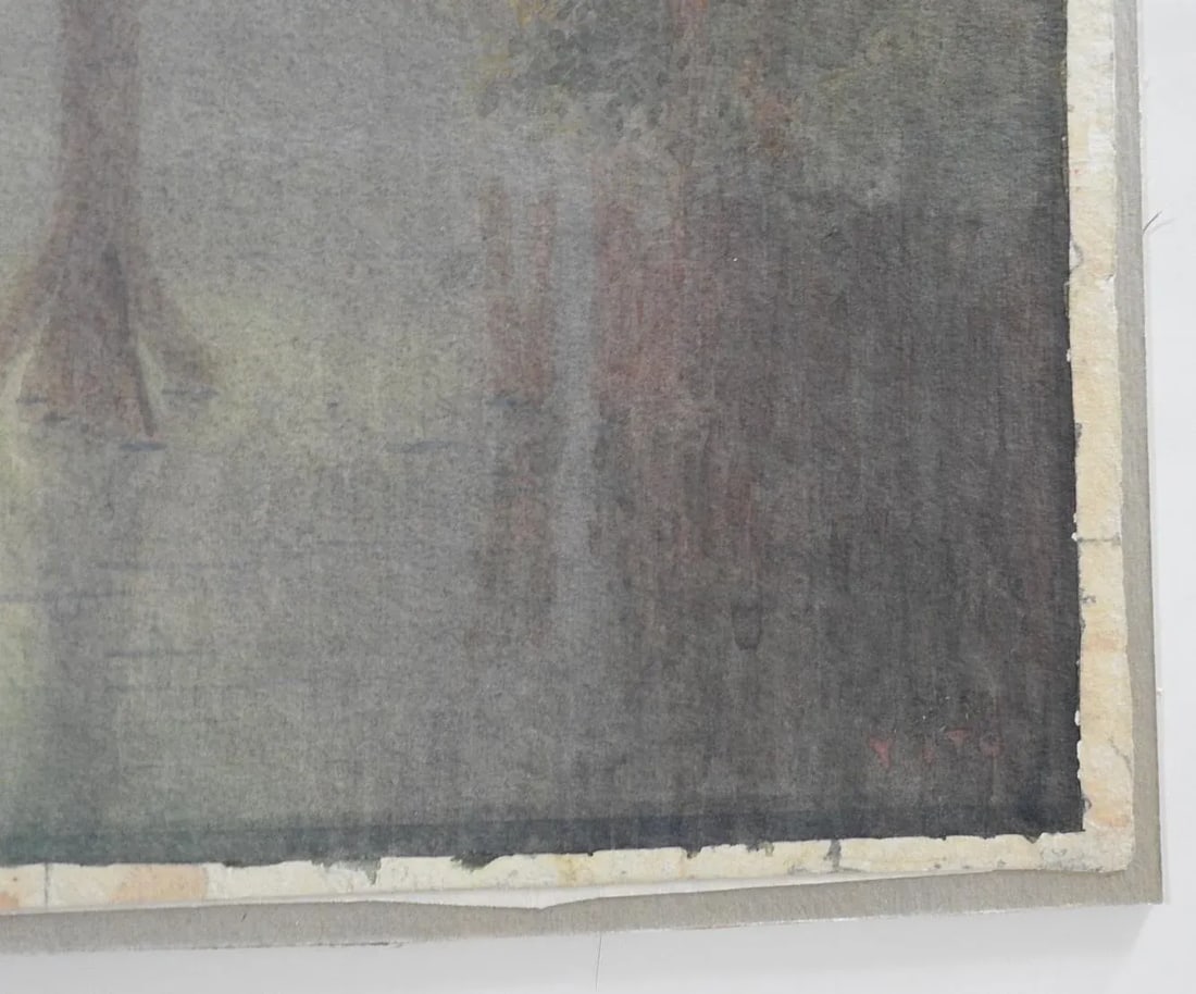 Circa 1930s Japanese Foggy Lake With Lantern Watercolor Painting - 2