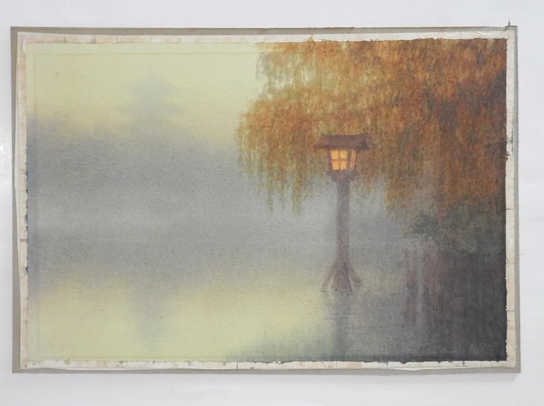 Circa 1930s Japanese Foggy Lake With Lantern Watercolor Painting - 6