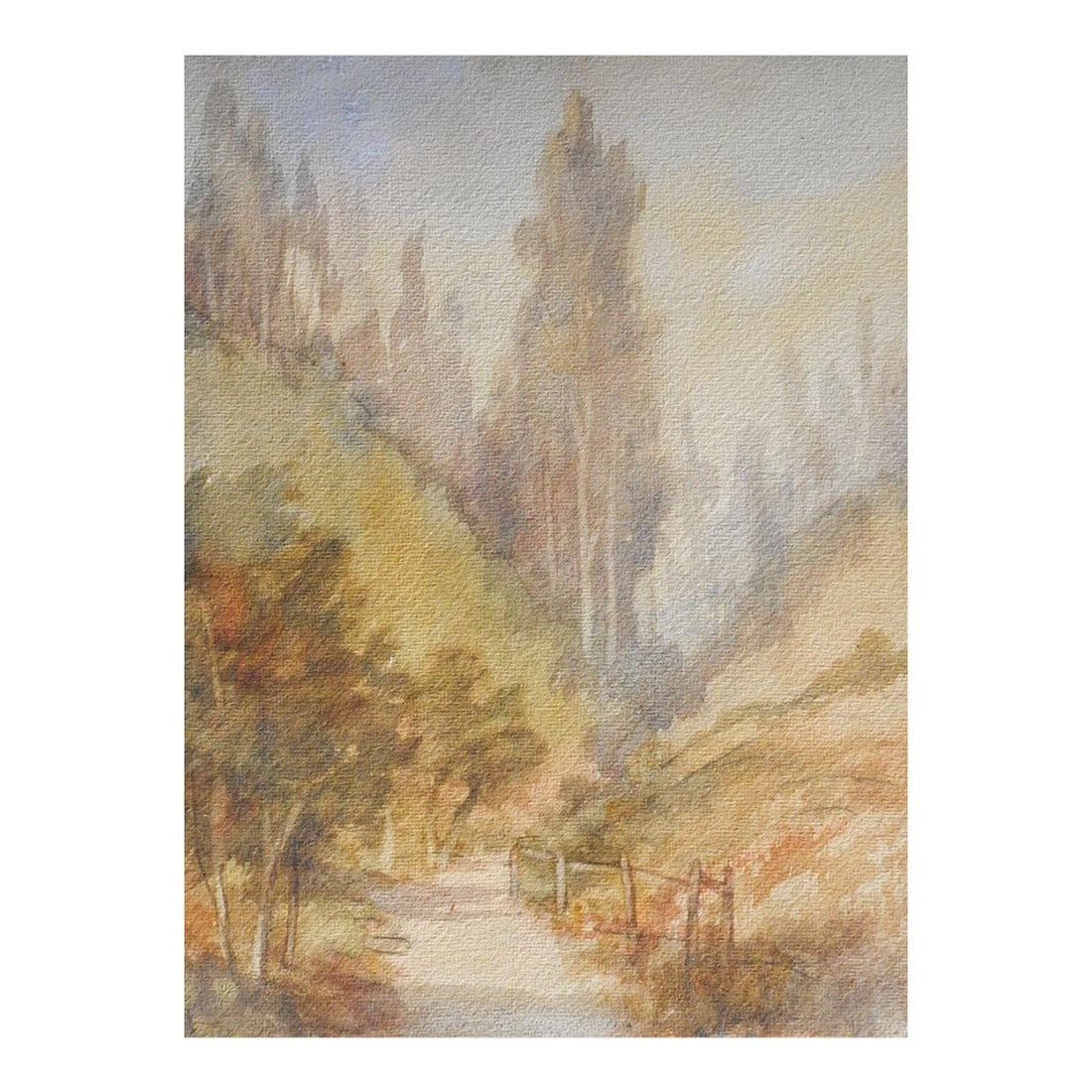 Antique Impressionist Country Road Landscape Watercolor Painting: Antique early 20th century impressionist country road landscape watercolor painting on paper. Signed illegibly lower right corner. Unframed. Condition: Alterations: Original Condition Unaltered