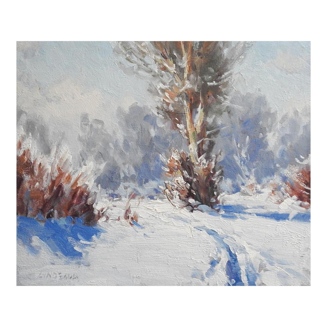 Contemporary Montana Winter Landscape Plain Air Painting: Contemporary oil on board impressionist Montana winter landscape painting by Taylor Lynde (b. 1970) Montana. Signed lower left corner, signed, dated 2019 and titled "Snow Day" on verso. Unframed. 
