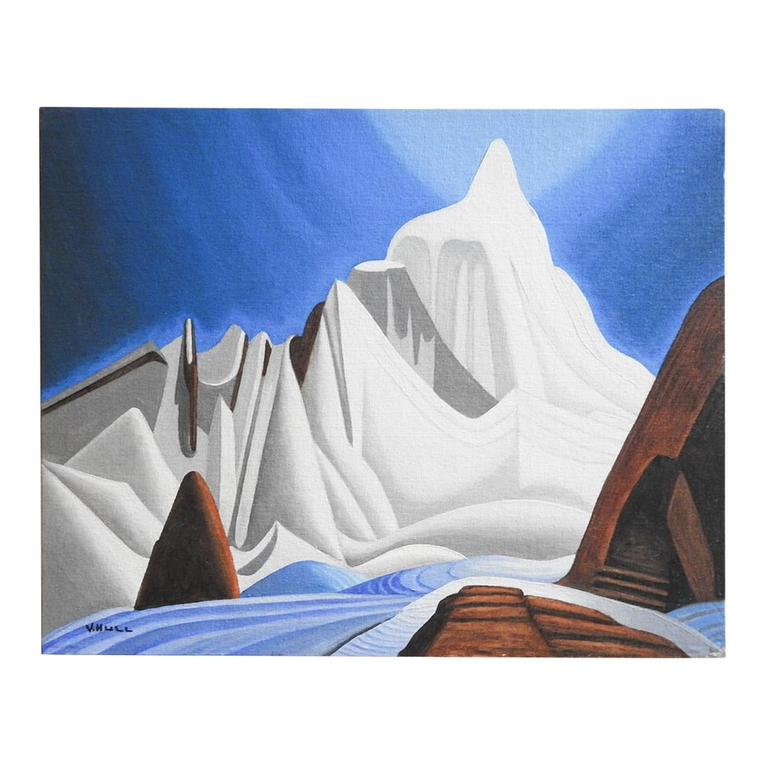 Contemporary Modernist Rocky Mountains Painting: Early 21st century acrylic on canvas board modernist Rocky Mountain landscape painting by Vance F. Hull, (b. 1944) Canada after Lawren Harris, "Rocky Mountains ca. 1929". Signed lower left corner,