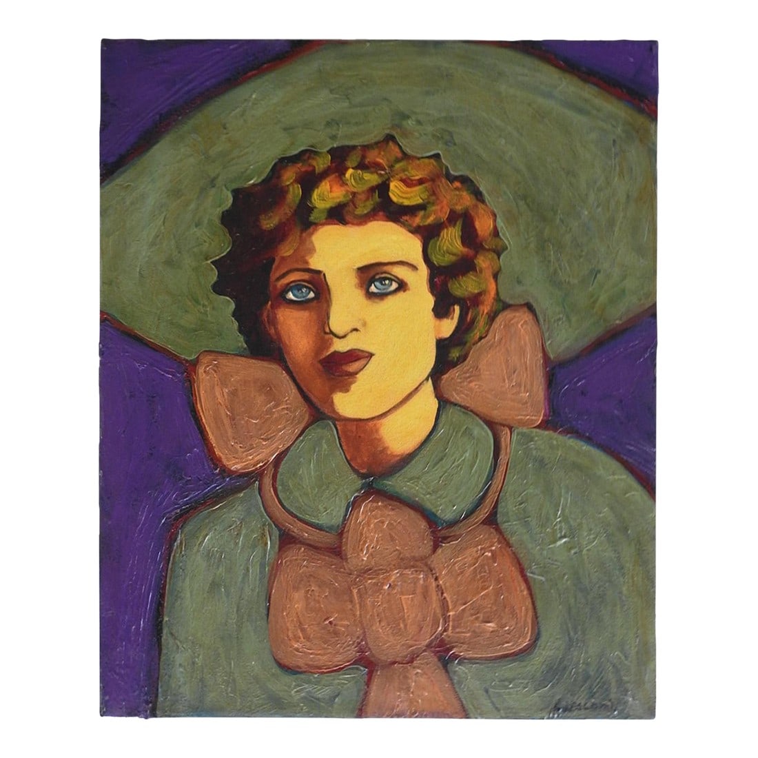 Contemporary Portrait Painting of Woman in Green Hat: Late 20th century oil on canvas portrait painting of woman in green hat and shirt by Bryan Lipscomb (20th Century) Texas, known for his contemporary take on the 1920's era cowgirls. Signed lower right