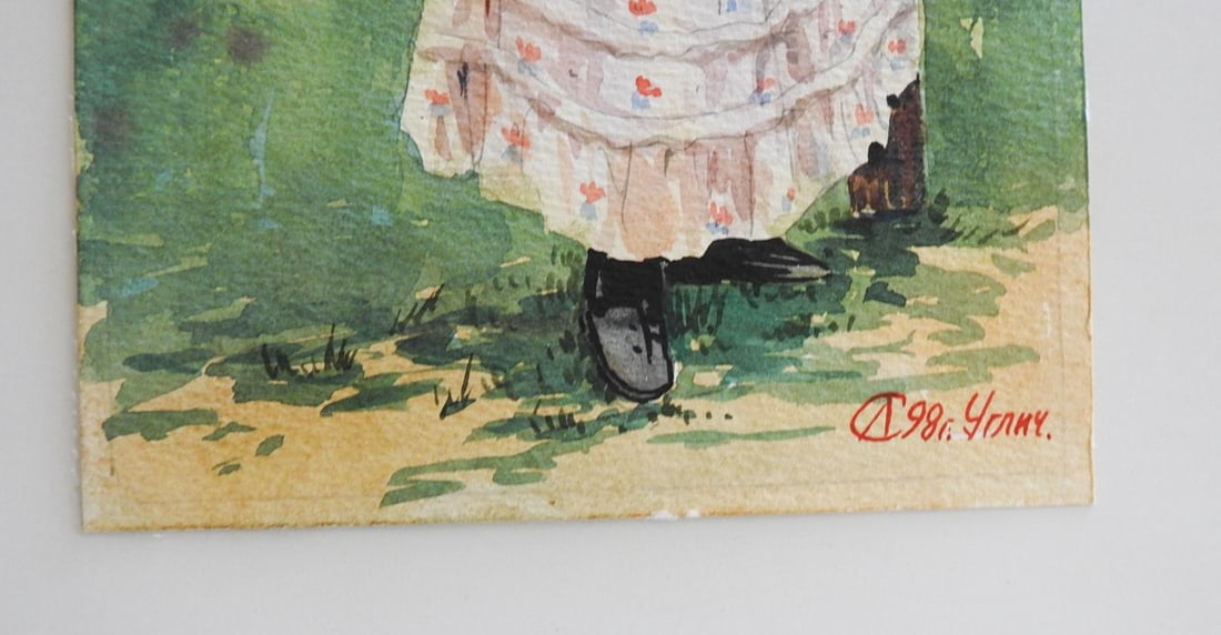 Late 20th Century Woman Leaning on Fence Watercolor Painting - 2