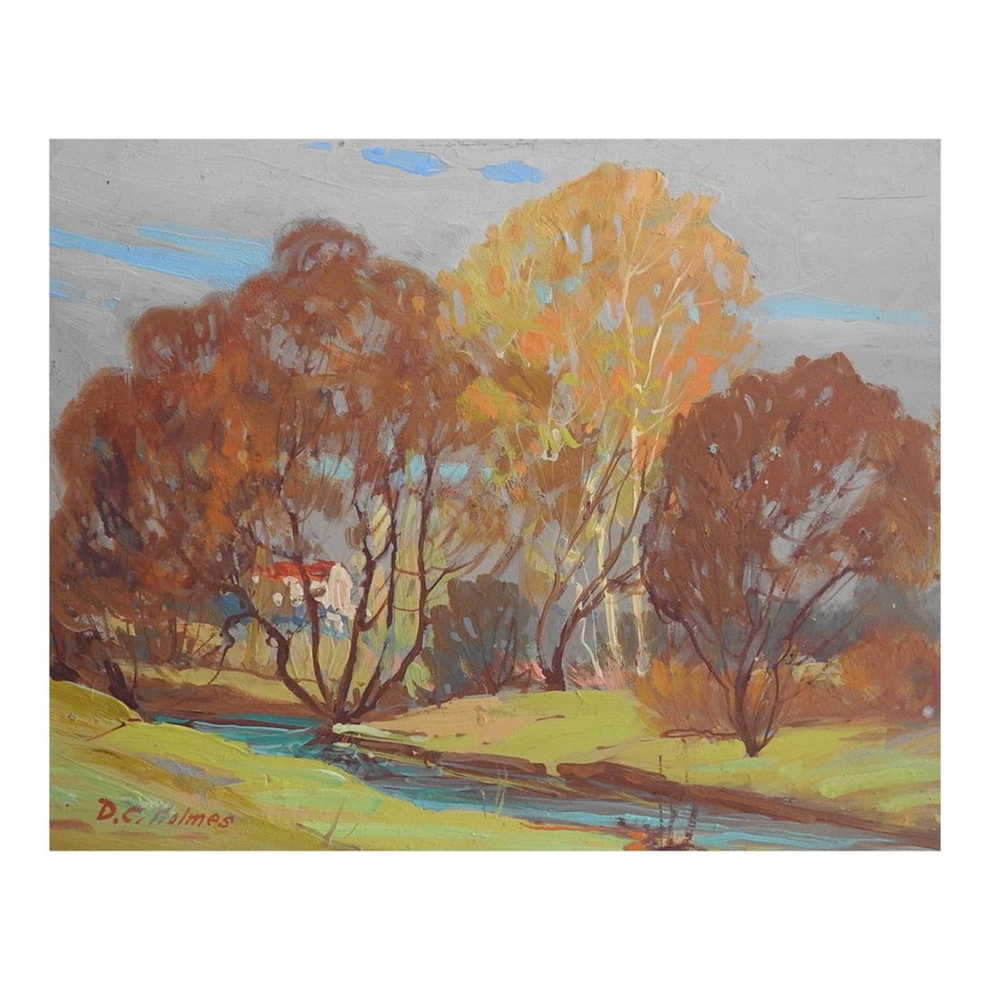 Mid 20th Century Dwight Clay Holmes Impressionist Fall Landscape Painting: Mid 20th century oil on panel fall landscape painting by Dwight Clay Holmes (1900-1986) Texas. Signed lower left corner. Unframed, unfinished painting on verso. Condition: Alterations: Original Condit