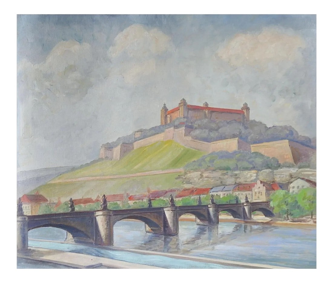 Mid Century Painting Marienberg Fortress Wurzburg Germany: Vintage circa 1950's oil on canvas painting of Marienberg Fortress in Wurzburg Bavaria, Germany. By Geneva Flores Hart Fell (1906-2008) Texas. Unsigned, from the artists estate. Unframed and